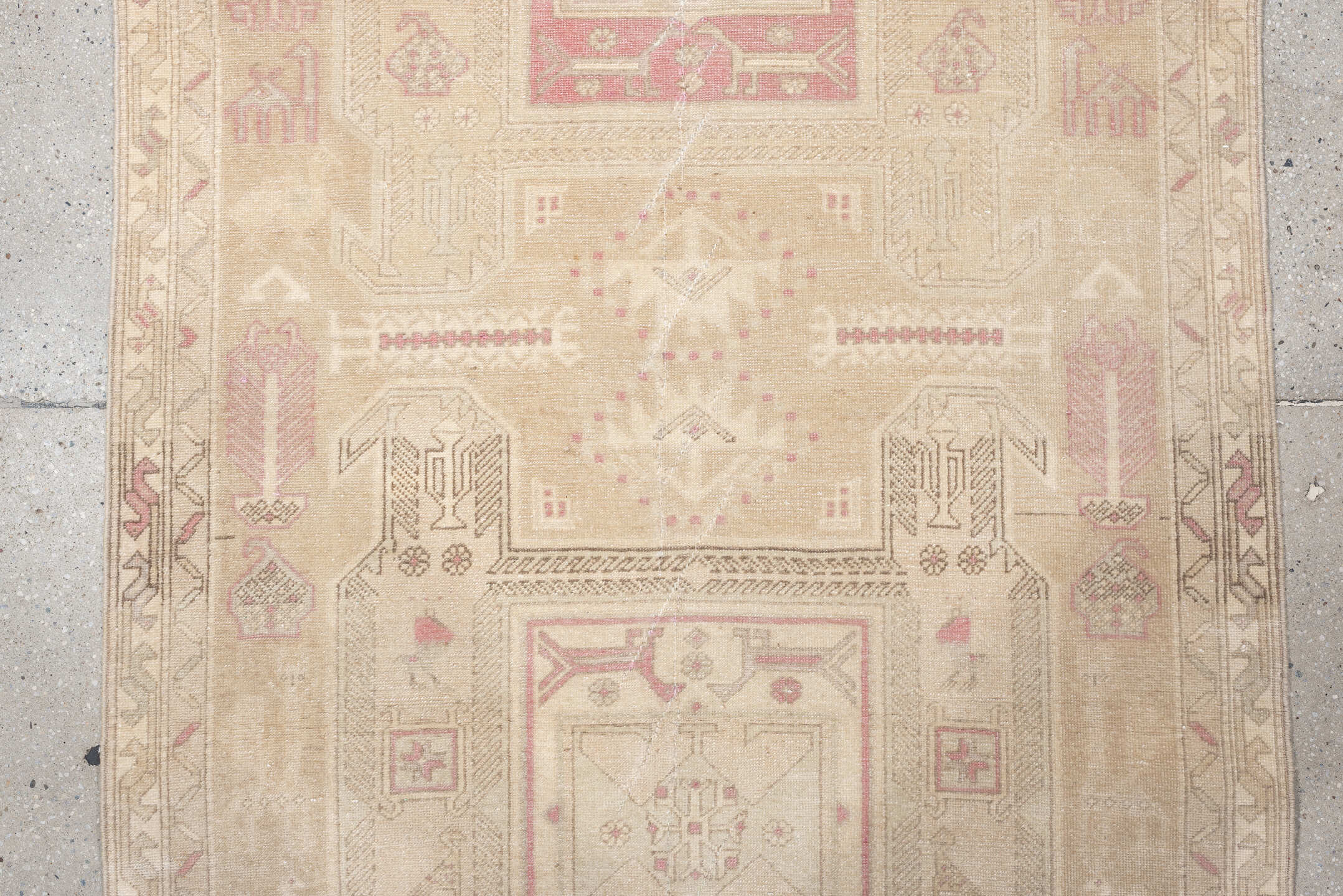 3' x 9' one-of-a-kind handmade antique Sivas runner rug. Color palette: ivory, blush, sand, taupe, pale rose, beige, pink
