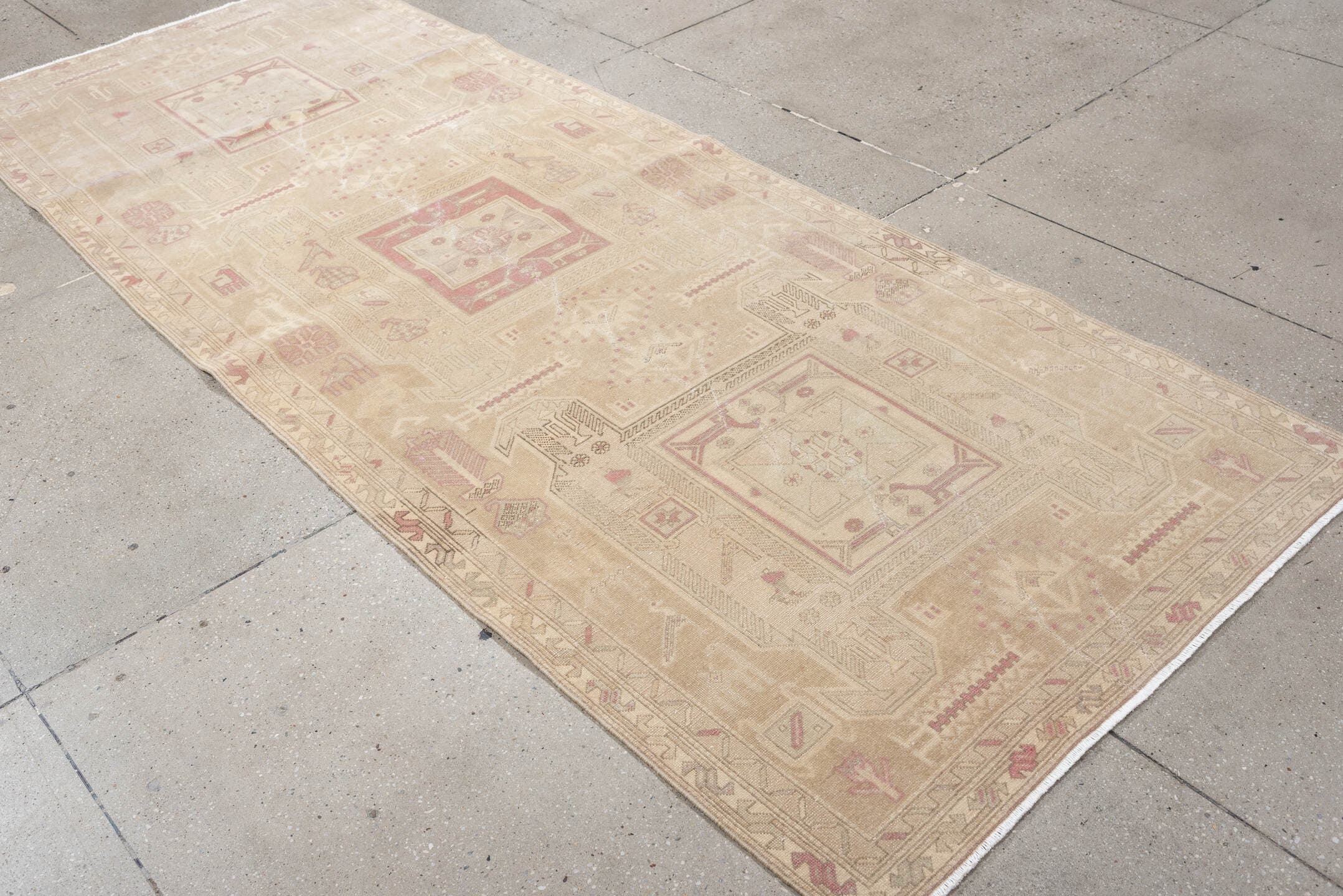 3' x 9' one-of-a-kind handmade antique Sivas runner rug. Color palette: ivory, blush, sand, taupe, pale rose, beige, pink