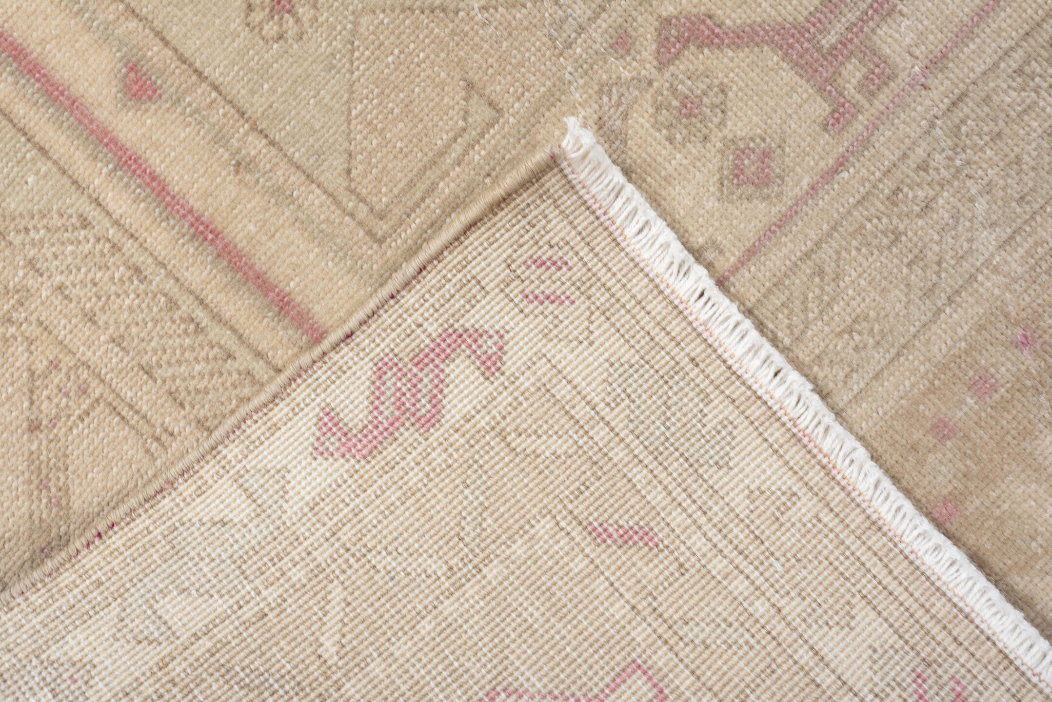 3' x 9' one-of-a-kind handmade antique Sivas runner rug. Color palette: ivory, blush, sand, taupe, pale rose, beige, pink