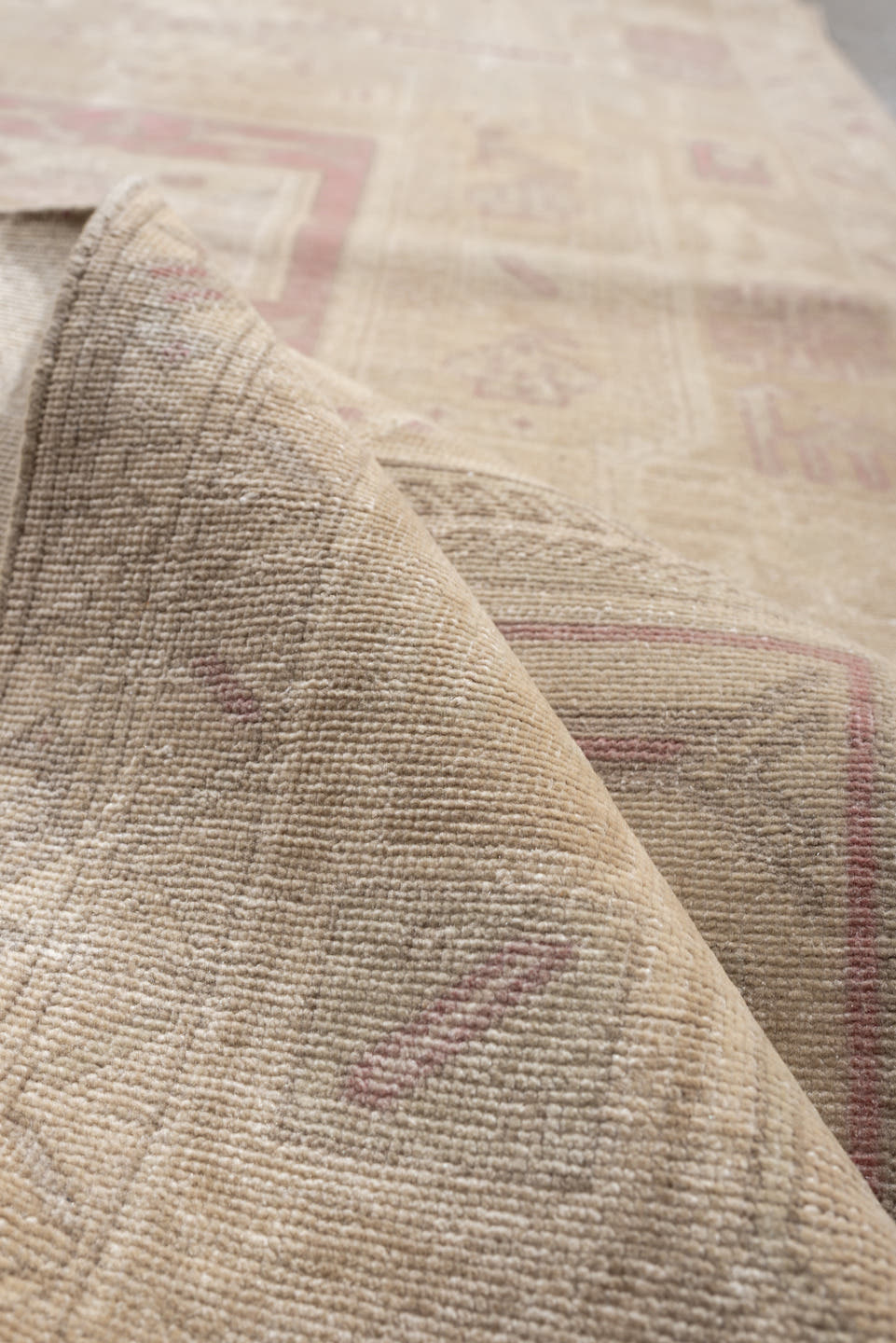 3' x 9' one-of-a-kind handmade antique Sivas runner rug. Color palette: ivory, blush, sand, taupe, pale rose, beige, pink
