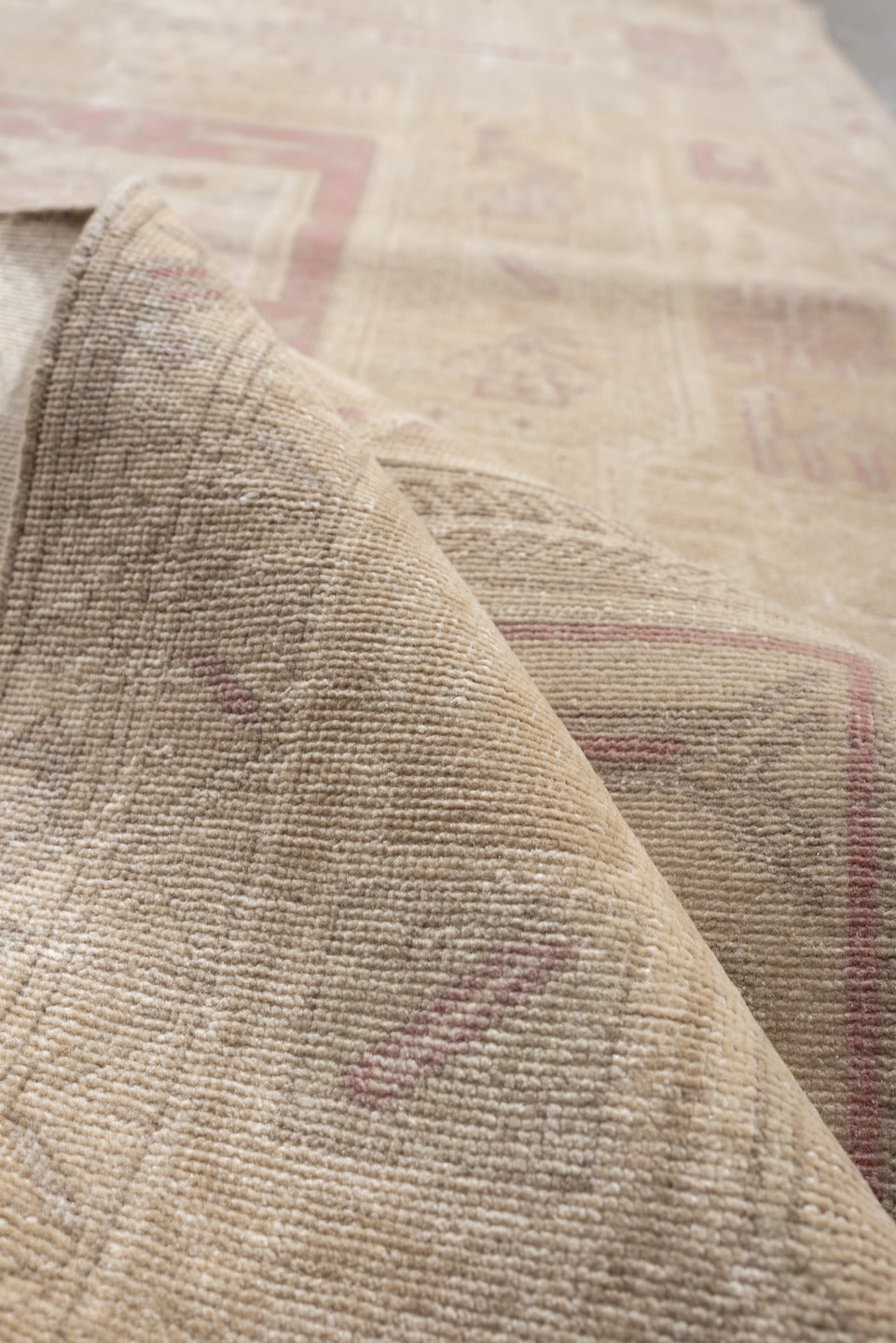 3' x 9' one-of-a-kind handmade antique Sivas runner rug. Color palette: ivory, blush, sand, taupe, pale rose, beige, pink