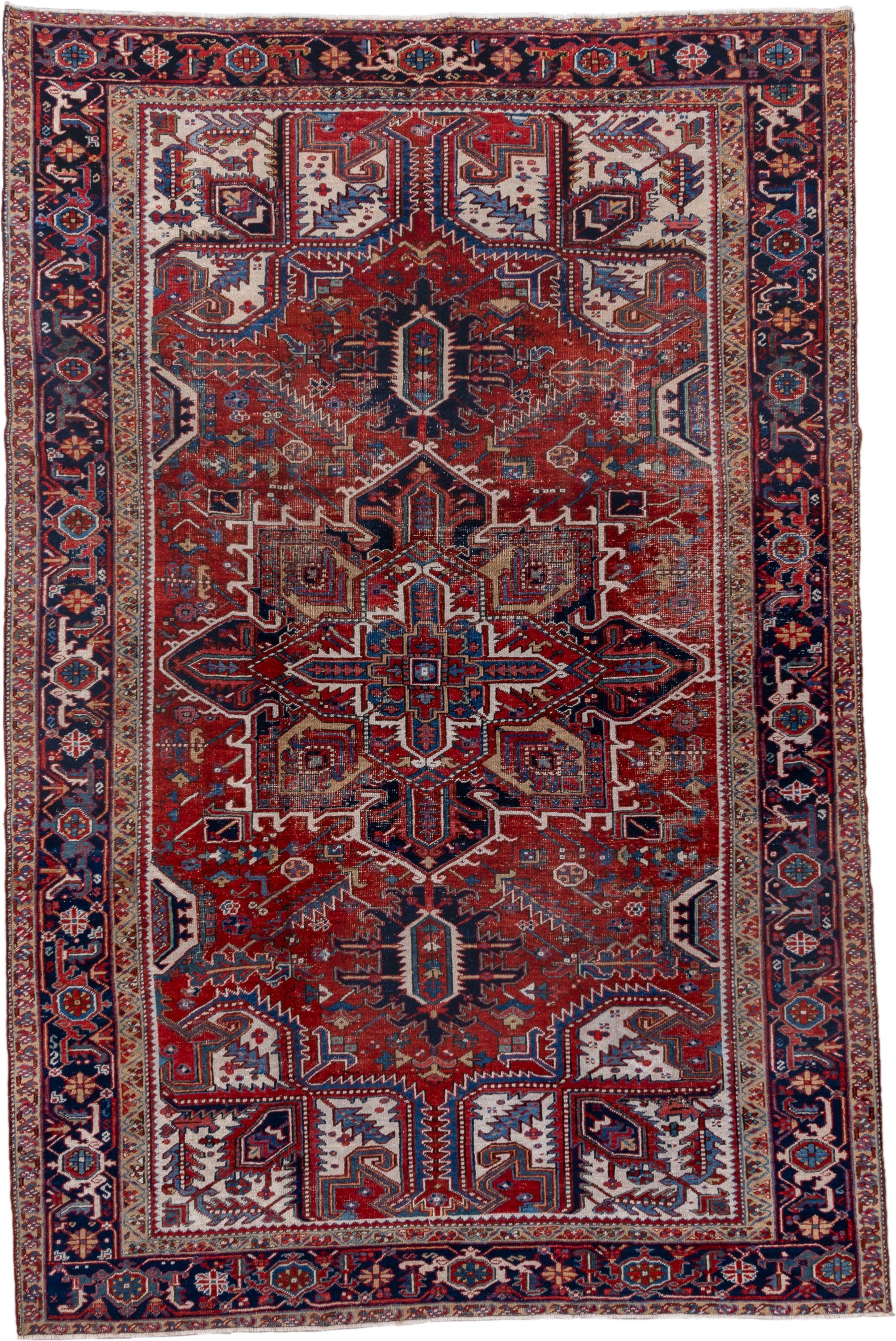7' x 11' one-of-a-kind handmade vintage Heriz large size rug. Color palette: rust, navy, ivory, sky blue, camel, crimson