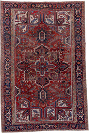 7' x 11' one-of-a-kind handmade vintage Heriz large size rug. Color palette: rust, navy, ivory, sky blue, camel, crimson