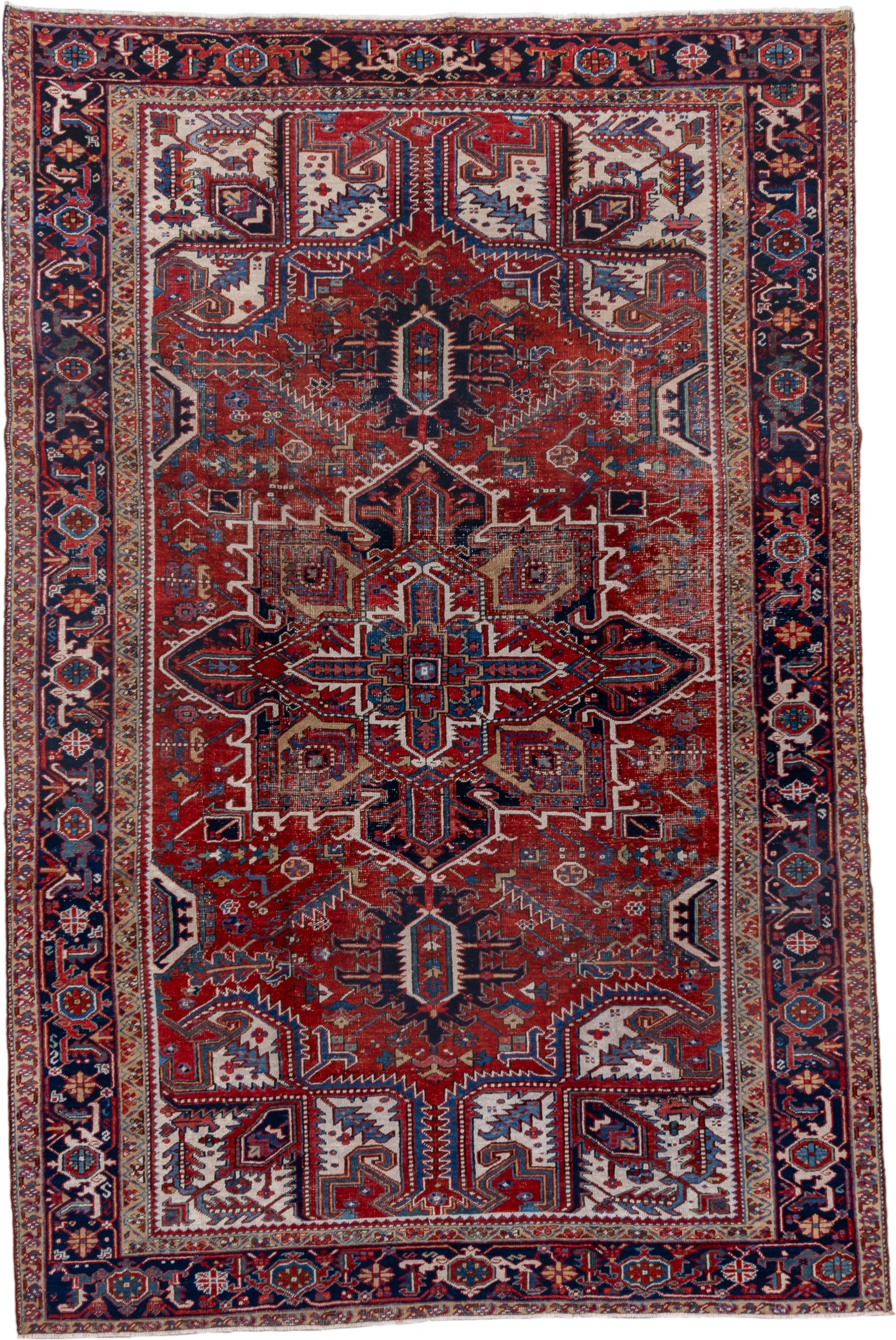 7' x 11' one-of-a-kind handmade vintage Heriz large size rug. Color palette: rust, navy, ivory, sky blue, camel, crimson