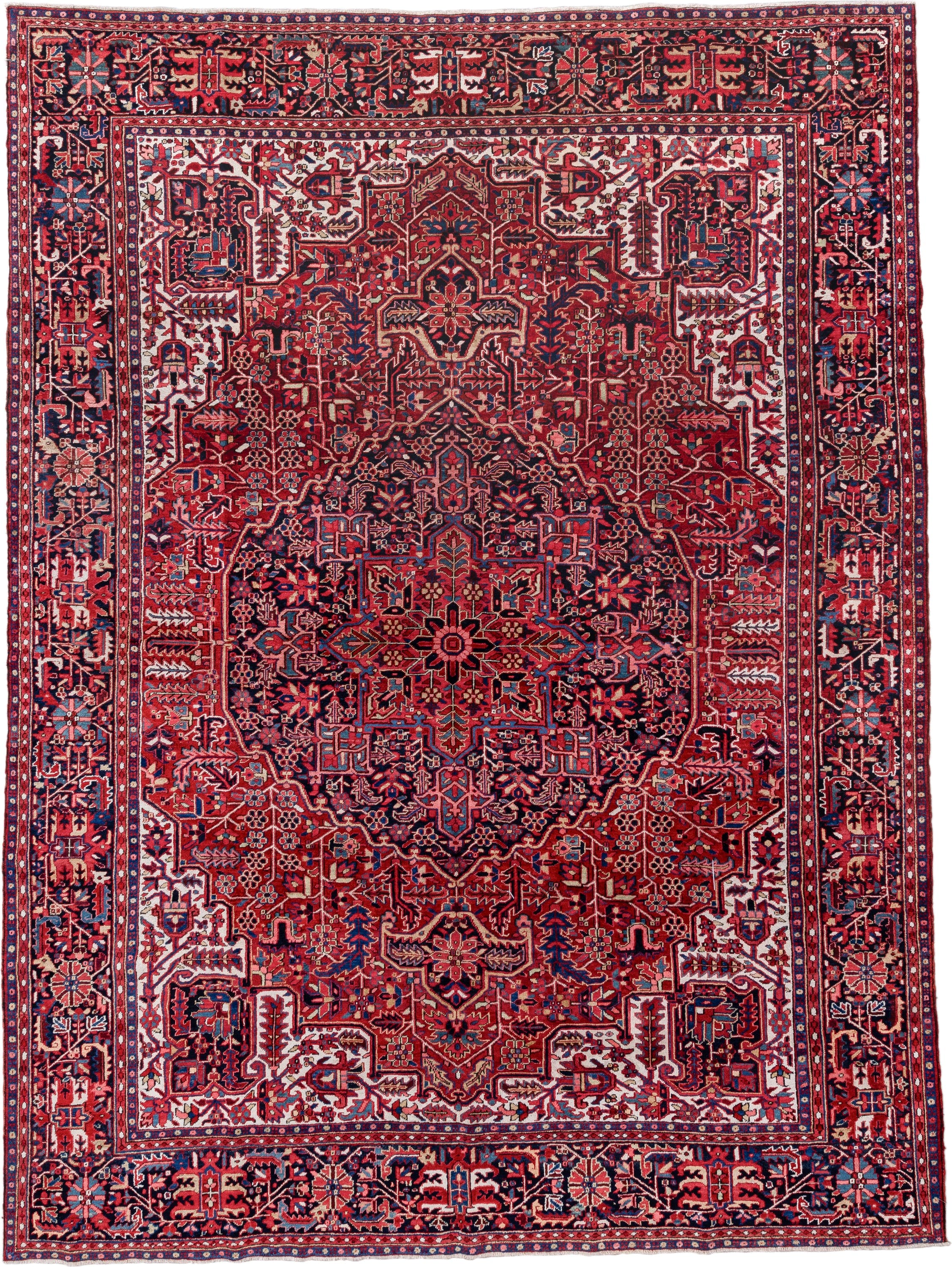 9' x 13' one-of-a-kind handmade vintage Heriz large size rug. Color palette: red, navy, ivory, rust, rose, sky blue