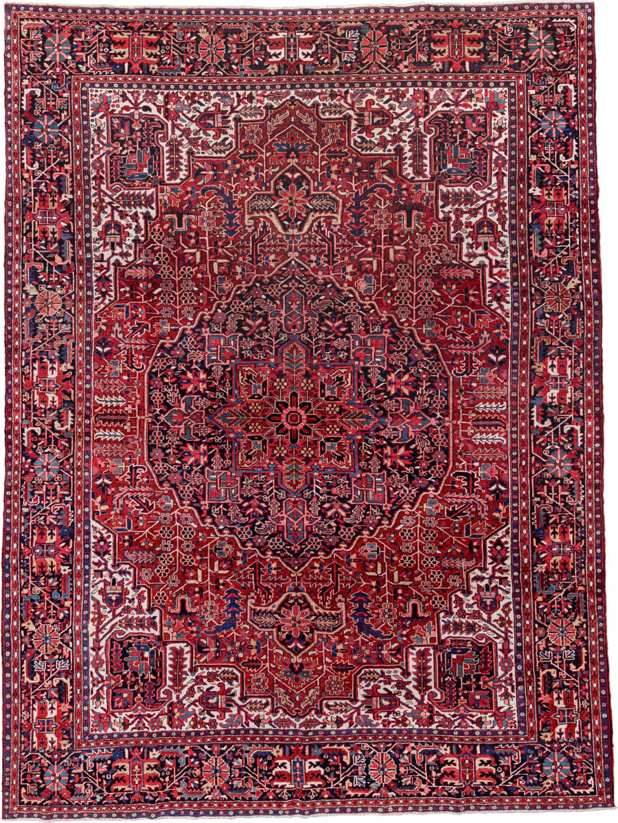 9' x 13' one-of-a-kind handmade vintage Heriz large size rug. Color palette: red, navy, ivory, rust, rose, sky blue