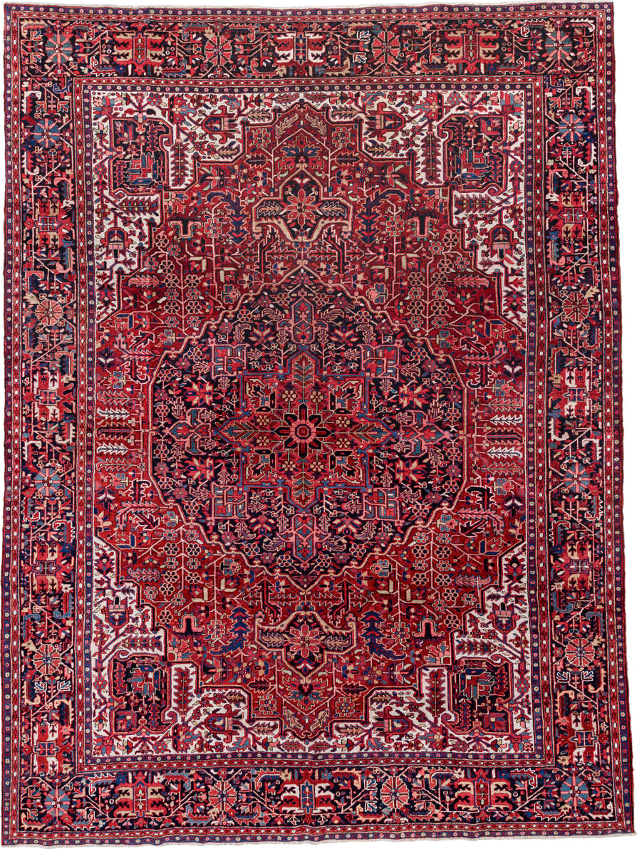 9' x 13' one-of-a-kind handmade vintage Heriz large size rug. Color palette: red, navy, ivory, rust, rose, sky blue