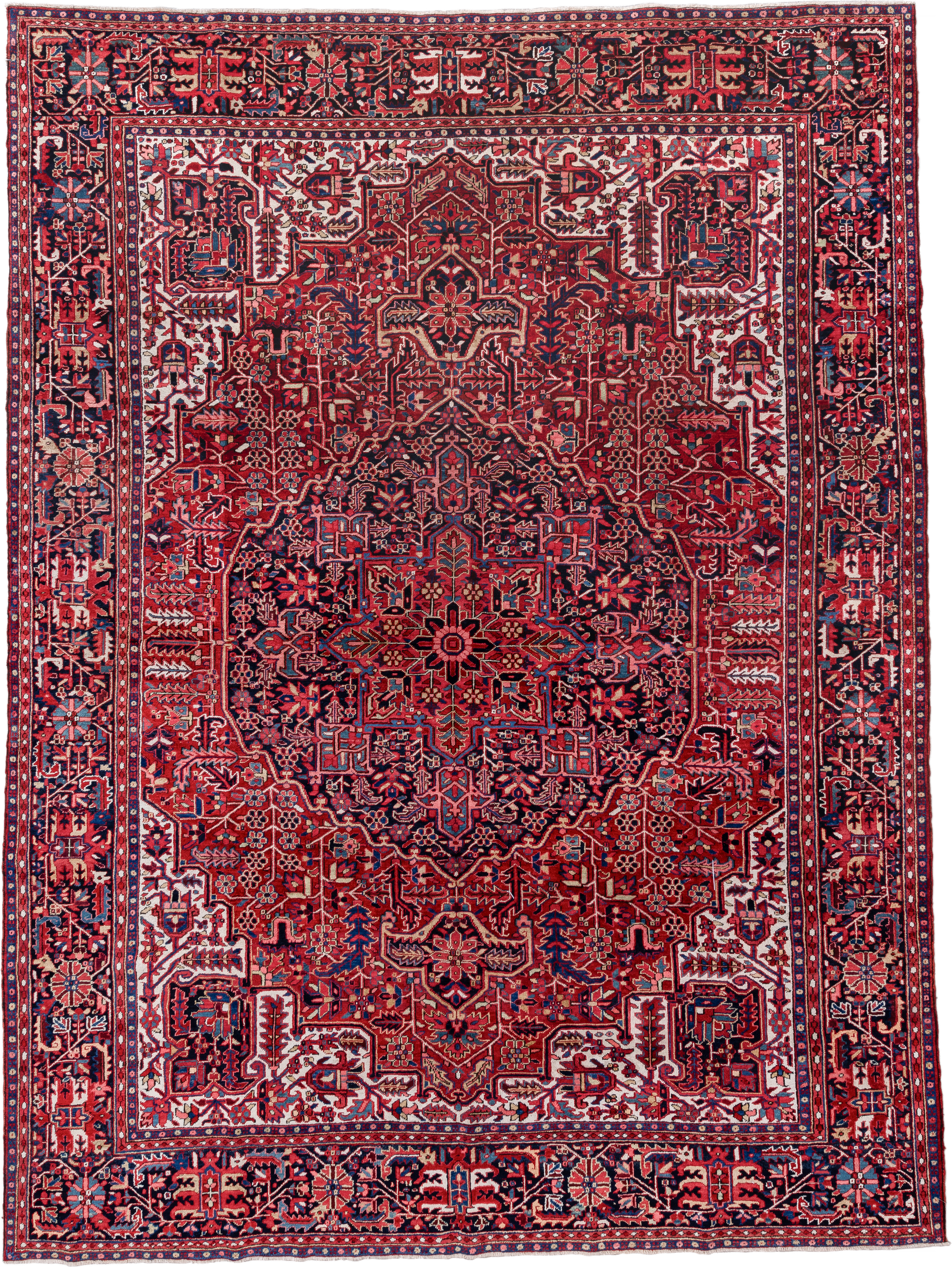 9' x 13' one-of-a-kind handmade vintage Heriz large size rug. Color palette: red, navy, ivory, rust, rose, sky blue