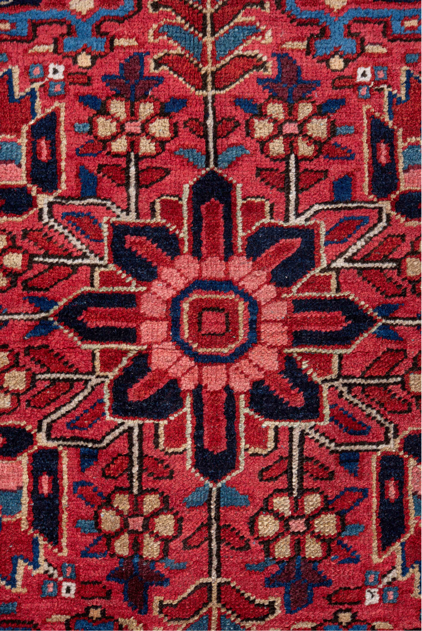 9' x 13' one-of-a-kind handmade vintage Heriz large size rug. Color palette: red, navy, ivory, rust, rose, sky blue