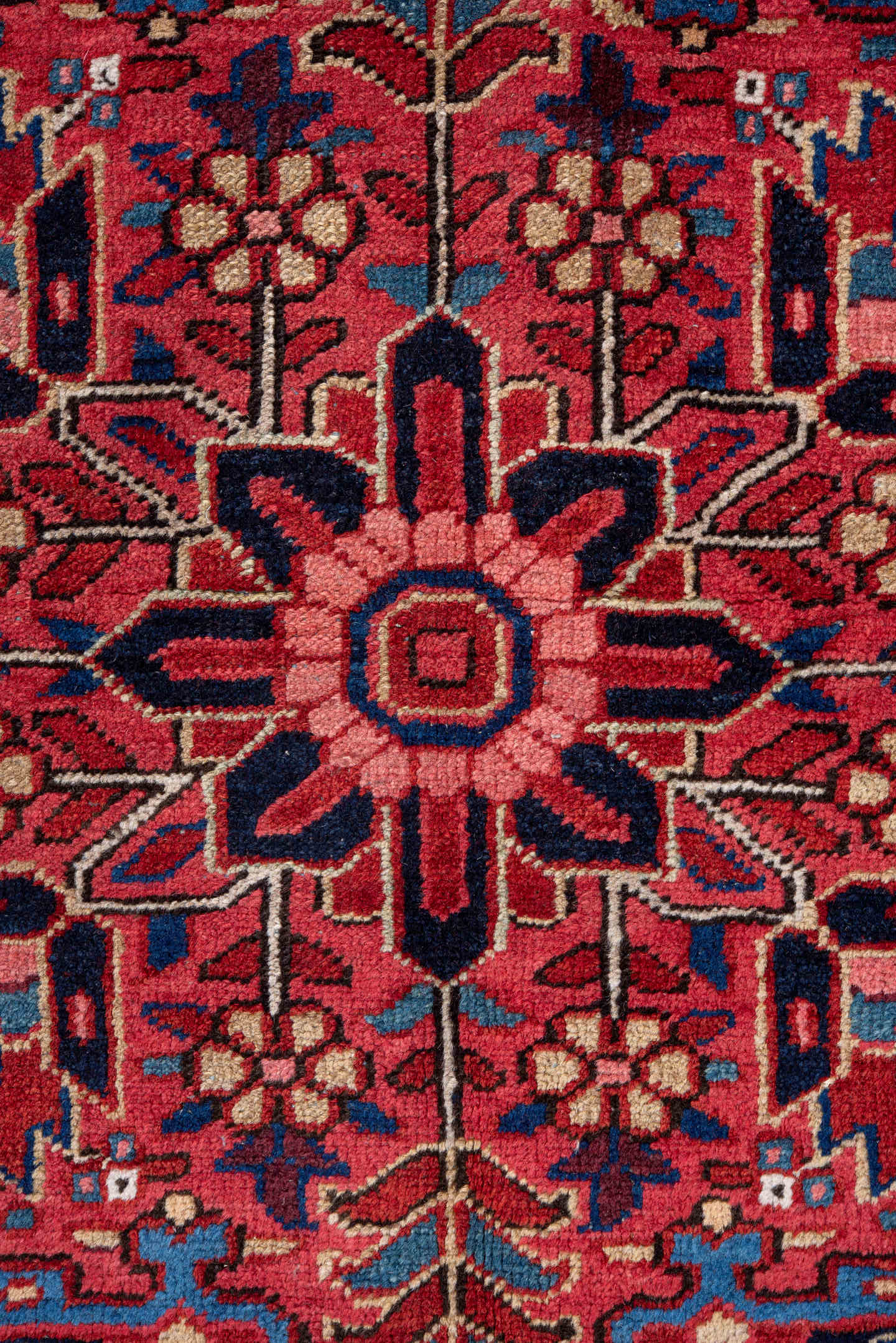 9' x 13' one-of-a-kind handmade vintage Heriz large size rug. Color palette: red, navy, ivory, rust, rose, sky blue