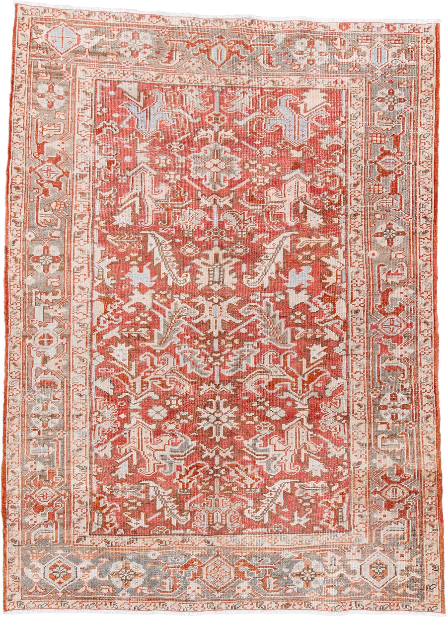 5' x 7' one-of-a-kind handmade vintage Heriz rug. Color palette: coral, ivory, taupe, terra cotta, camel, sage, terracotta