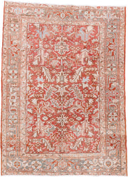 5' x 7' one-of-a-kind handmade vintage Heriz rug. Color palette: coral, ivory, taupe, terra cotta, camel, sage, terracotta