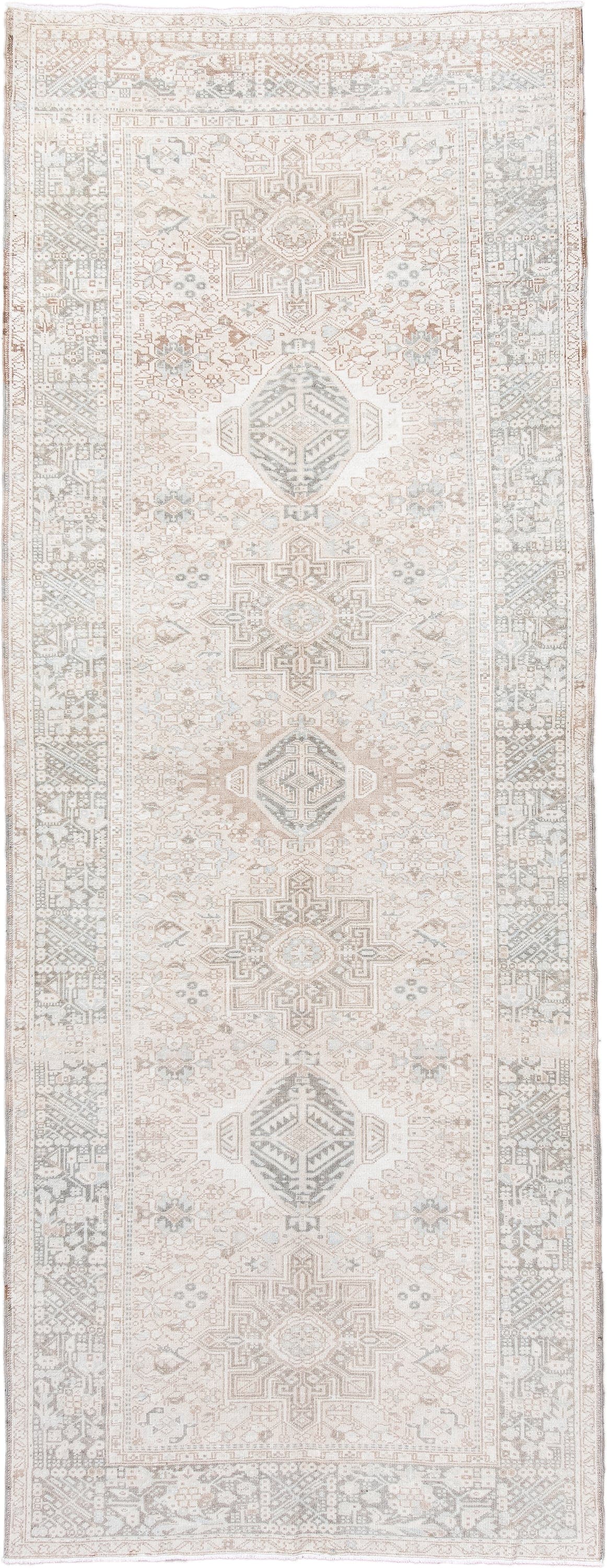 4' x 12' one-of-a-kind handmade antique Karaje runner rug. Color palette: ivory, taupe, pale blue, beige, camel, soft gray