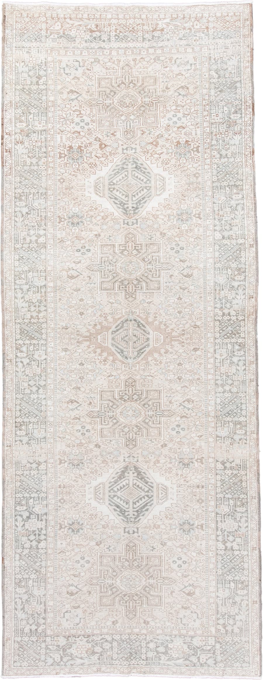 4' x 12' one-of-a-kind handmade antique Karaje runner rug. Color palette: ivory, taupe, pale blue, beige, camel, soft gray