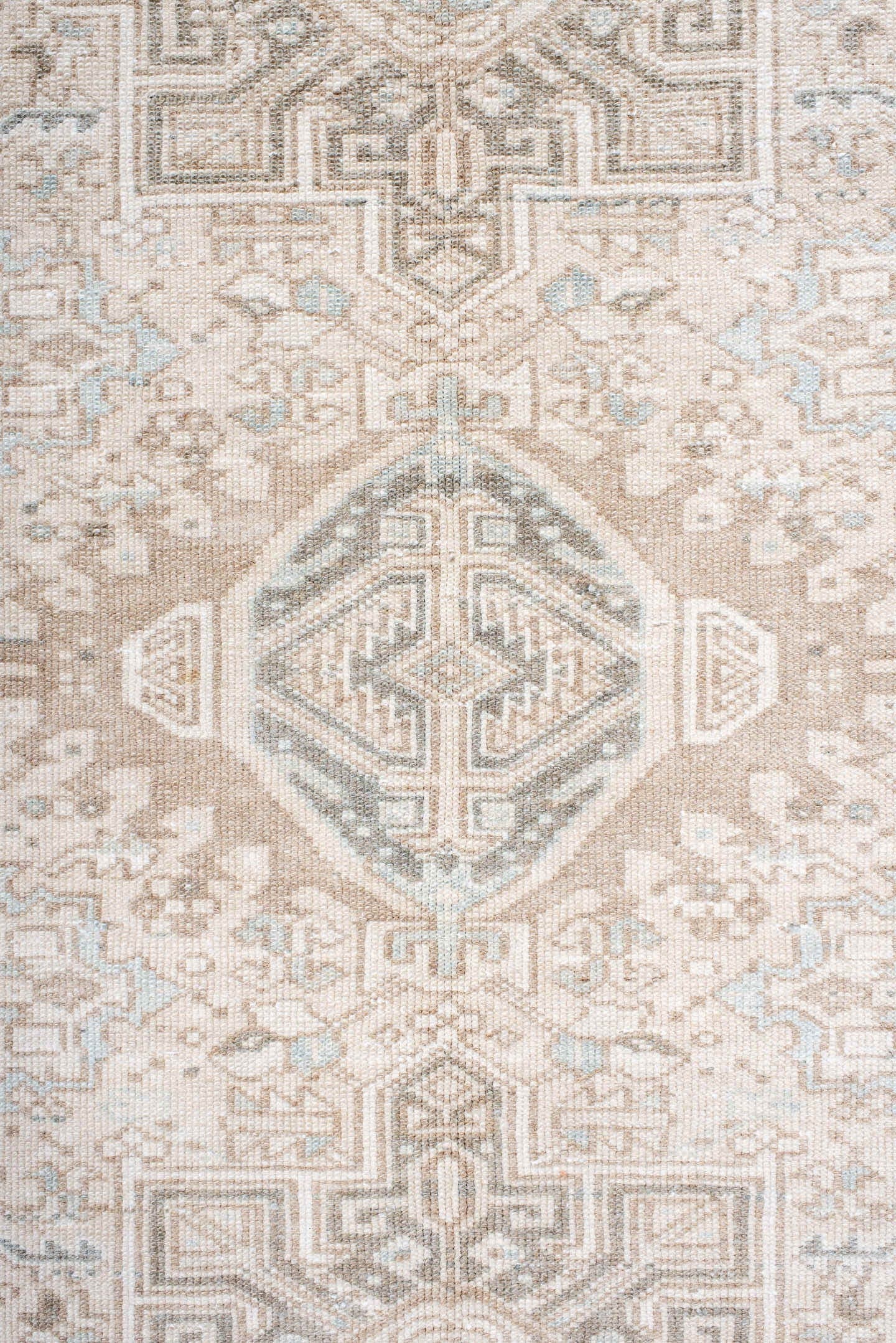4' x 12' one-of-a-kind handmade antique Karaje runner rug. Color palette: ivory, taupe, pale blue, beige, camel, soft gray