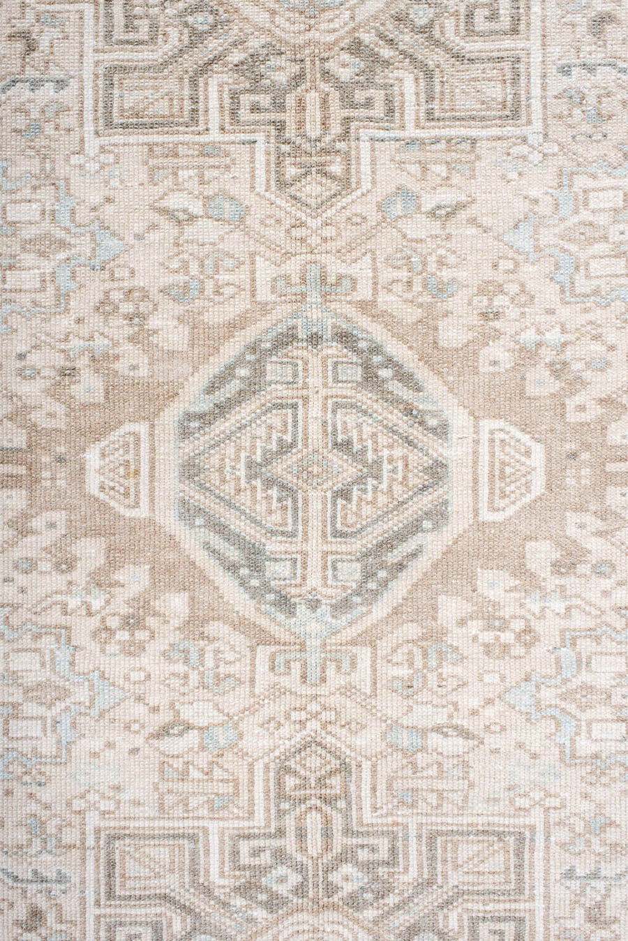 4' x 12' one-of-a-kind handmade antique Karaje runner rug. Color palette: ivory, taupe, pale blue, beige, camel, soft gray