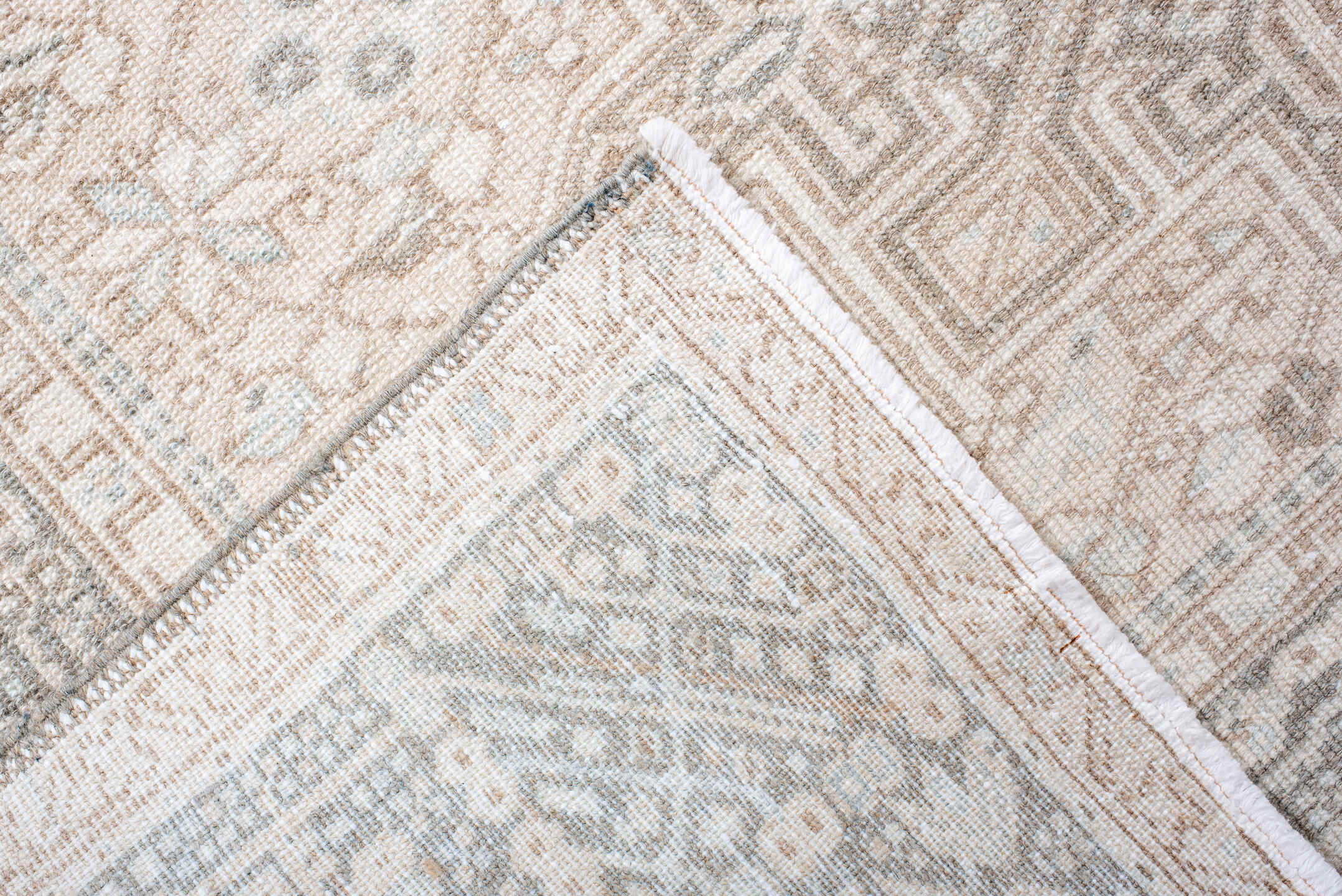 4' x 12' one-of-a-kind handmade antique Karaje runner rug. Color palette: ivory, taupe, pale blue, beige, camel, soft gray
