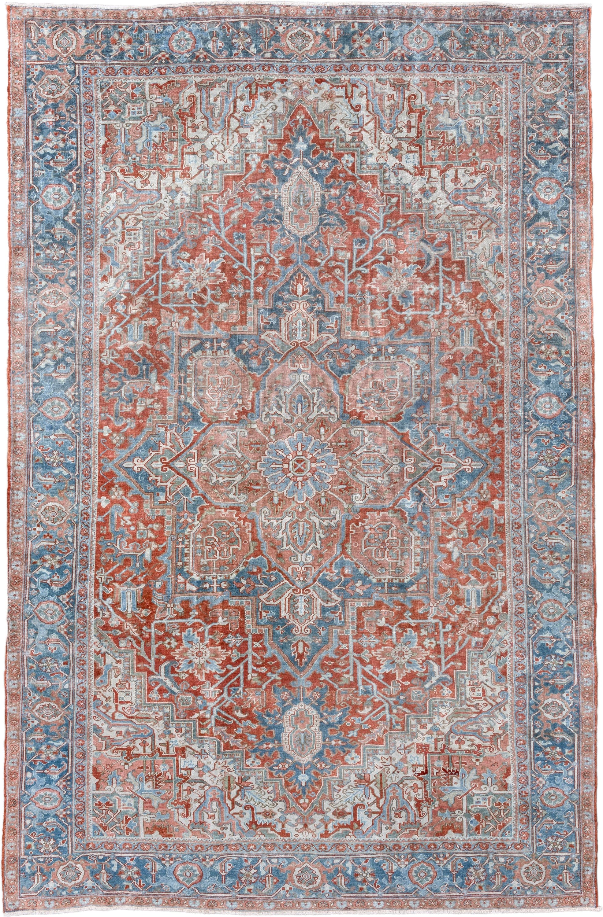 7' x 11' one-of-a-kind handmade vintage Heriz large size rug. Color palette: terra cotta, powder blue, ivory, rust, sky blue