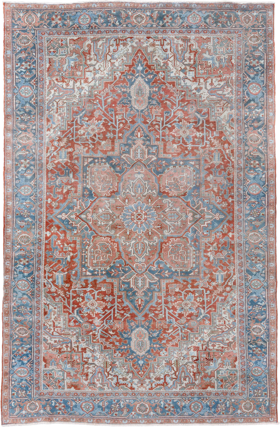 7' x 11' one-of-a-kind handmade vintage Heriz large size rug. Color palette: terra cotta, powder blue, ivory, rust, sky blue