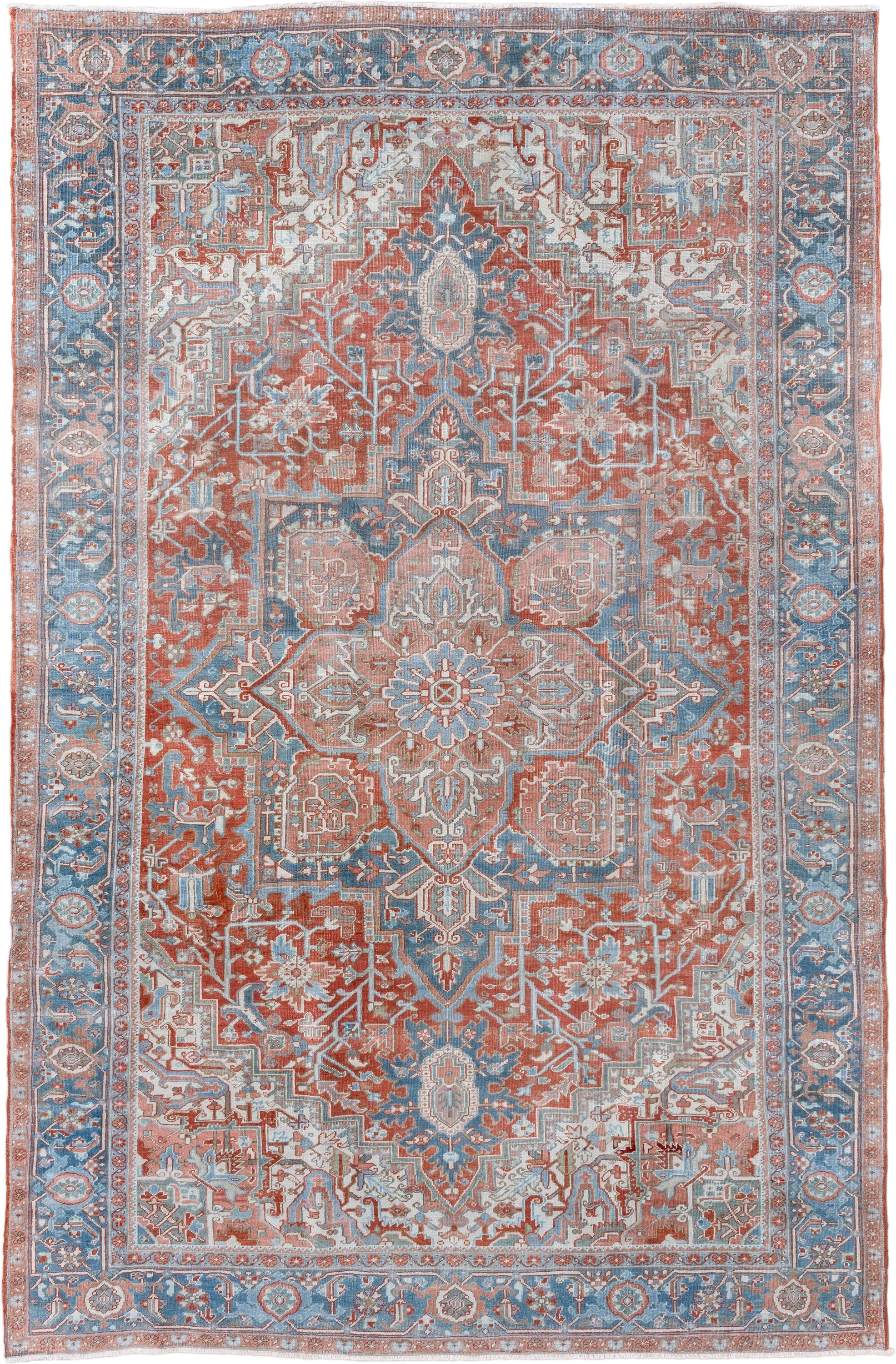7' x 11' one-of-a-kind handmade vintage Heriz large size rug. Color palette: terra cotta, powder blue, ivory, rust, sky blue