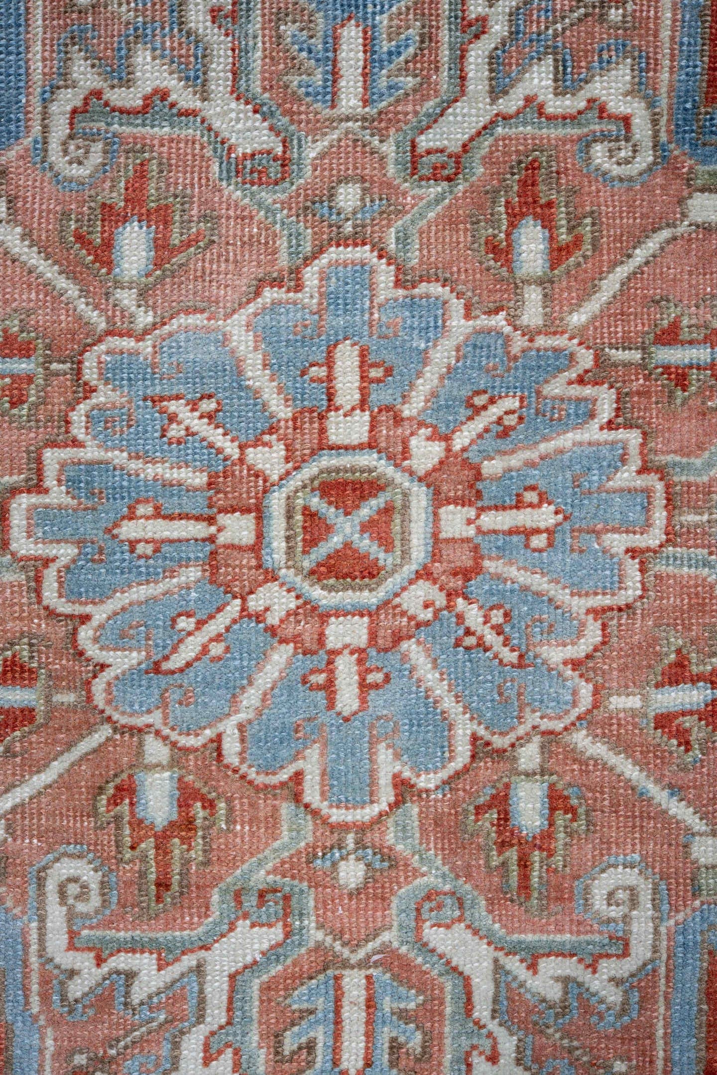 7' x 11' one-of-a-kind handmade vintage Heriz large size rug. Color palette: terra cotta, powder blue, ivory, rust, sky blue