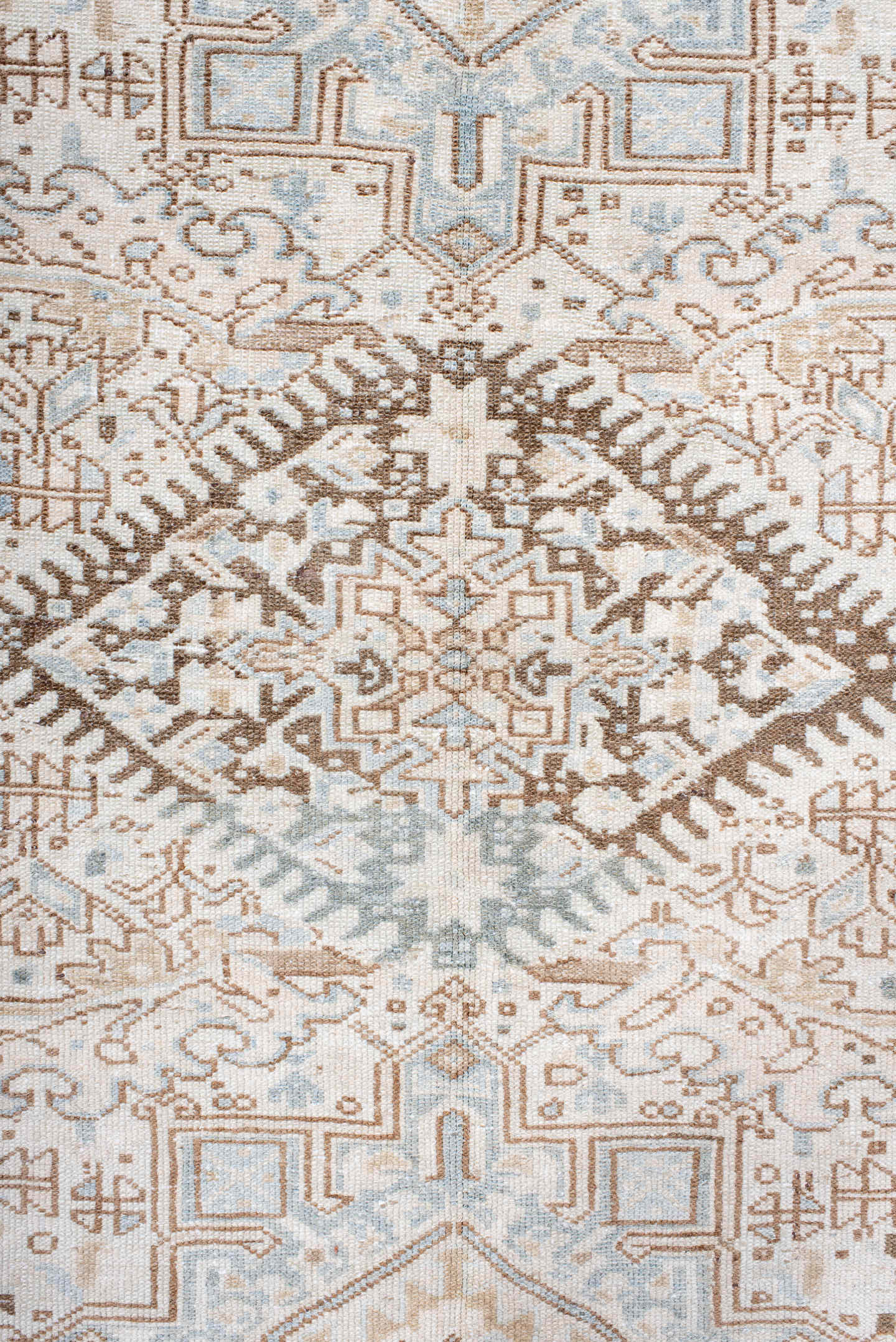 5' x 12' one-of-a-kind handmade antique Karaje runner rug. Color palette: ivory, pale blue, taupe, camel, light brown
