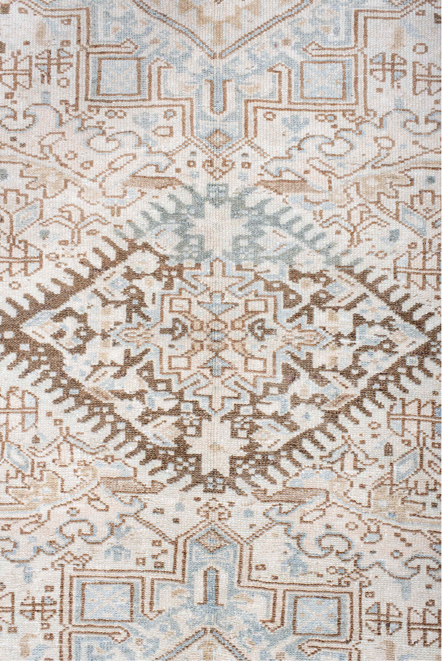 5' x 12' one-of-a-kind handmade antique Karaje runner rug. Color palette: ivory, pale blue, taupe, camel, light brown