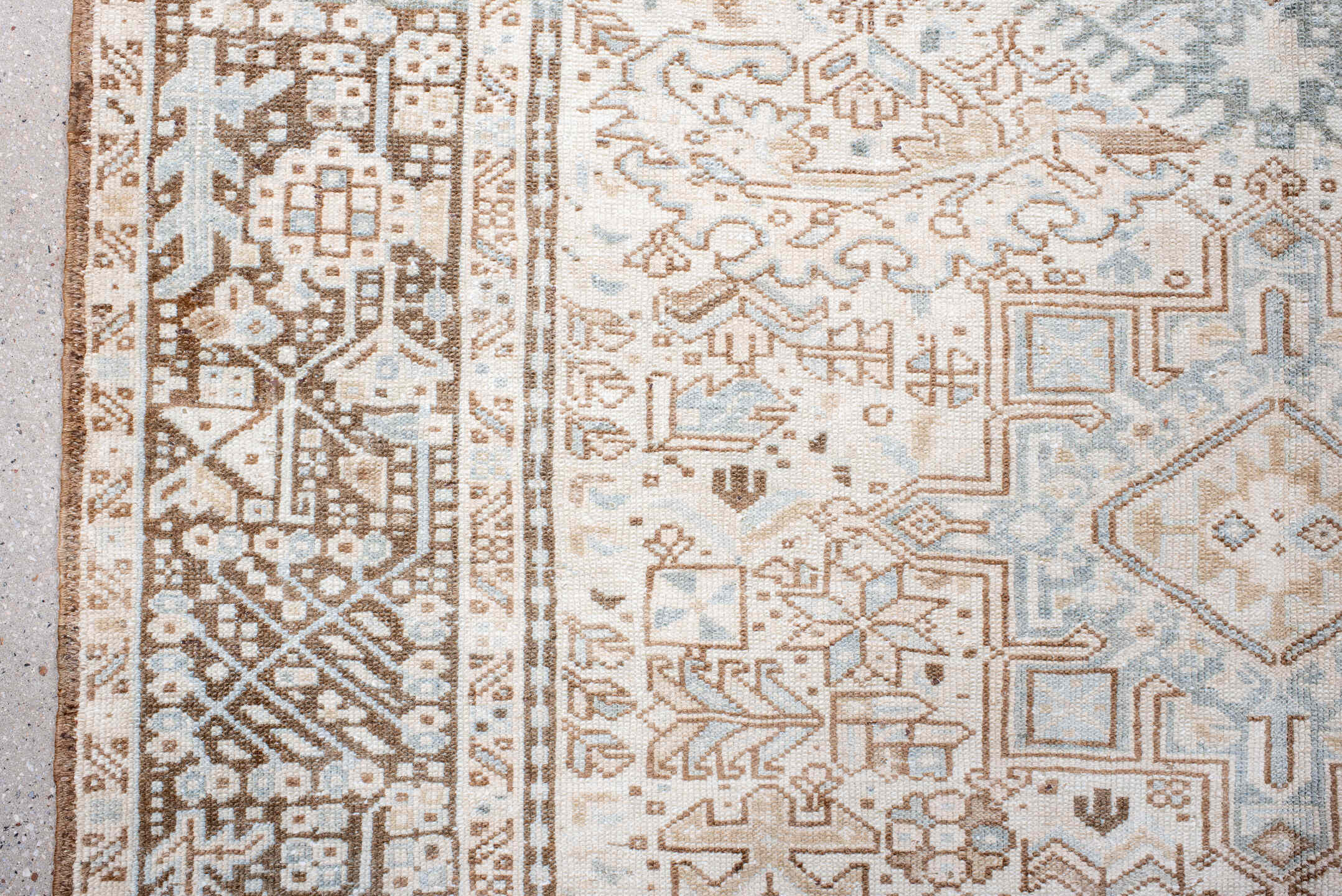 5' x 12' one-of-a-kind handmade antique Karaje runner rug. Color palette: ivory, pale blue, taupe, camel, light brown