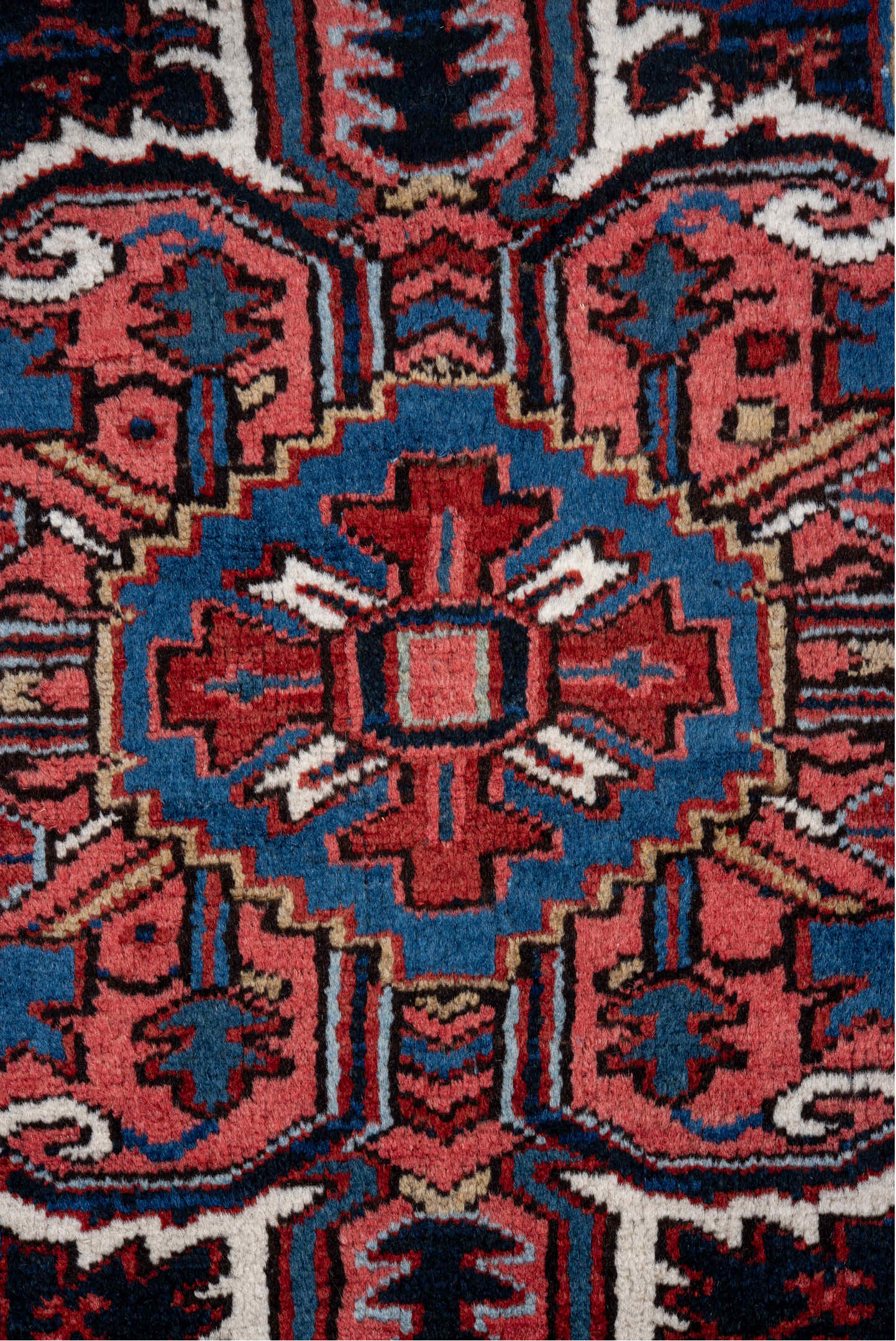 7' x 10' one-of-a-kind handmade vintage Heriz large size rug. Color palette: rust, navy, ivory, crimson, cobalt, camel, rose