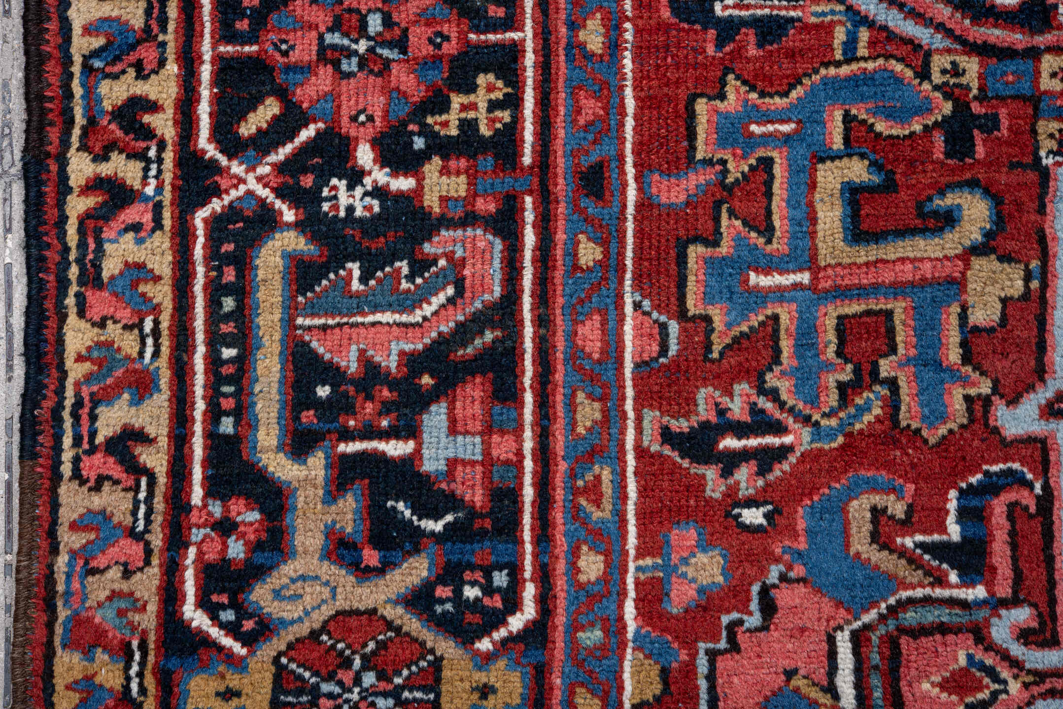 7' x 10' one-of-a-kind handmade vintage Heriz large size rug. Color palette: rust, navy, ivory, crimson, cobalt, camel, rose