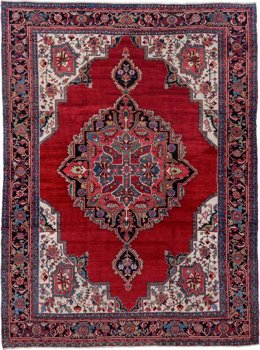 8' x 11' one-of-a-kind handmade vintage Heriz large size rug. Color palette: red, navy, ivory, sky blue, rose, coral