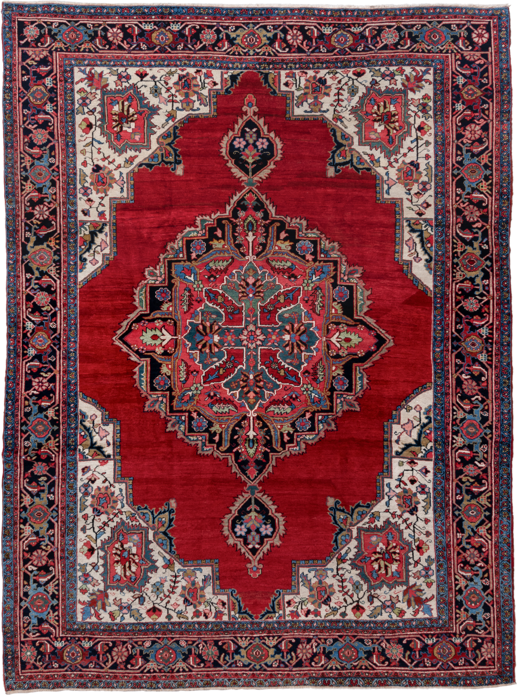 8' x 11' one-of-a-kind handmade vintage Heriz large size rug. Color palette: red, navy, ivory, sky blue, rose, coral
