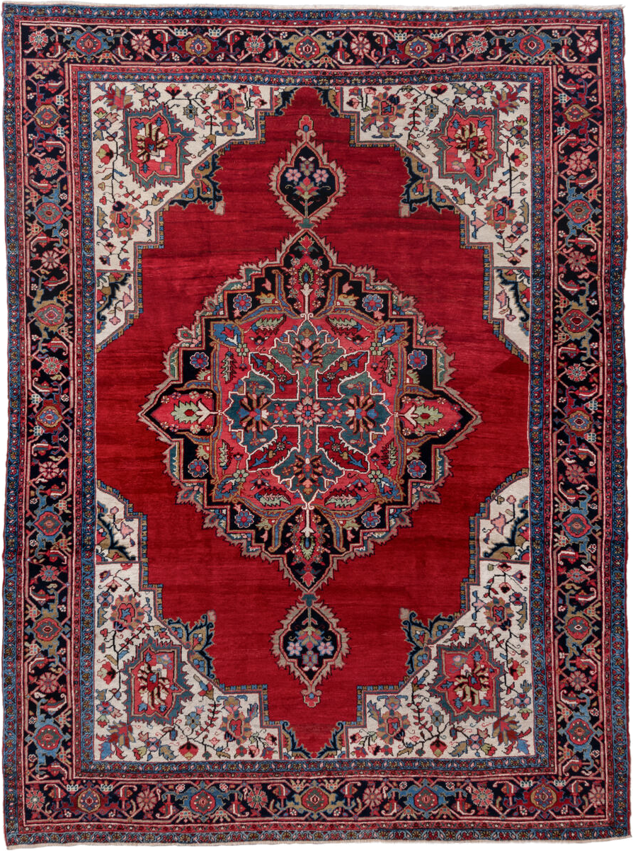 8' x 11' one-of-a-kind handmade vintage Heriz large size rug. Color palette: red, navy, ivory, sky blue, rose, coral
