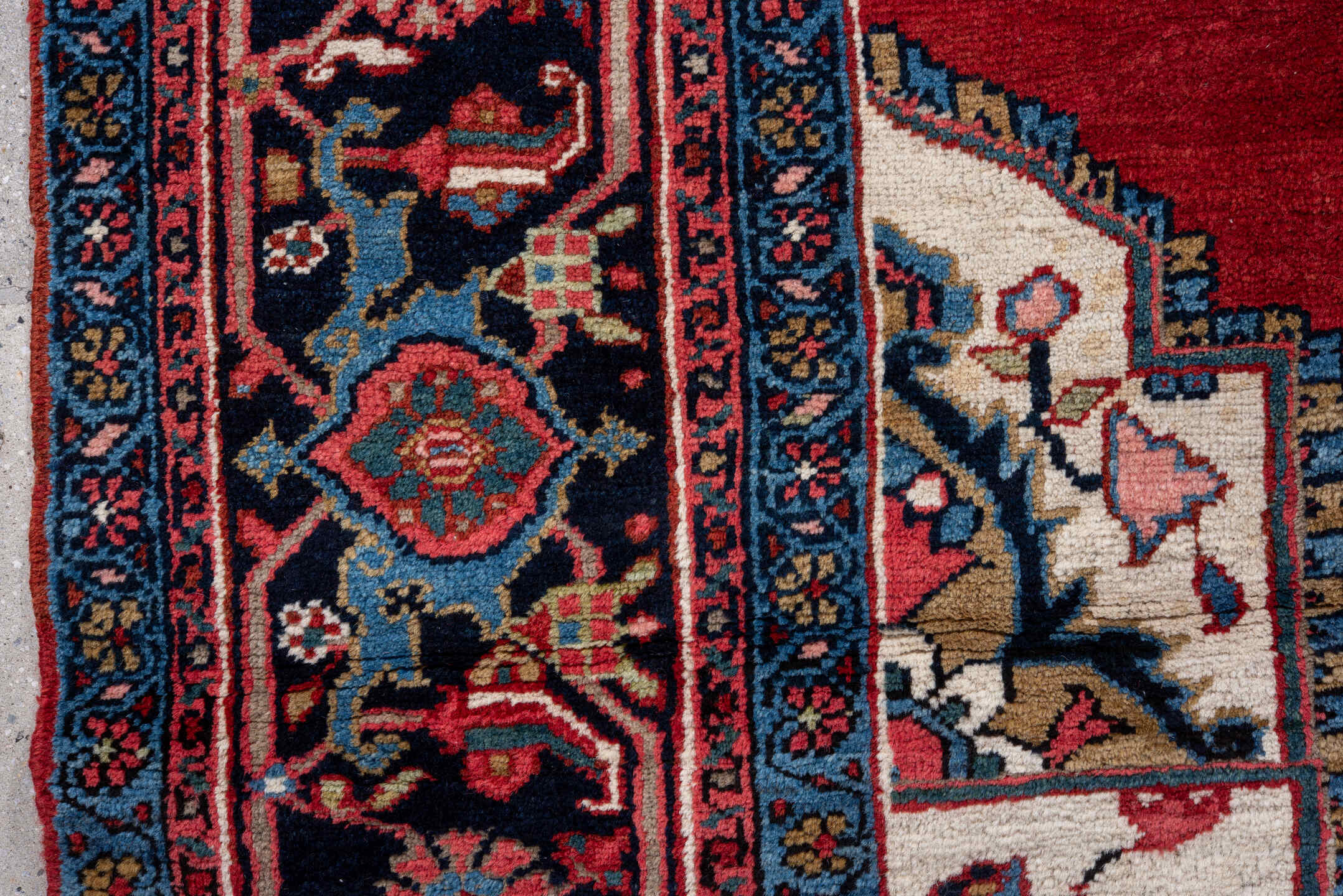 8' x 11' one-of-a-kind handmade vintage Heriz large size rug. Color palette: red, navy, ivory, sky blue, rose, coral