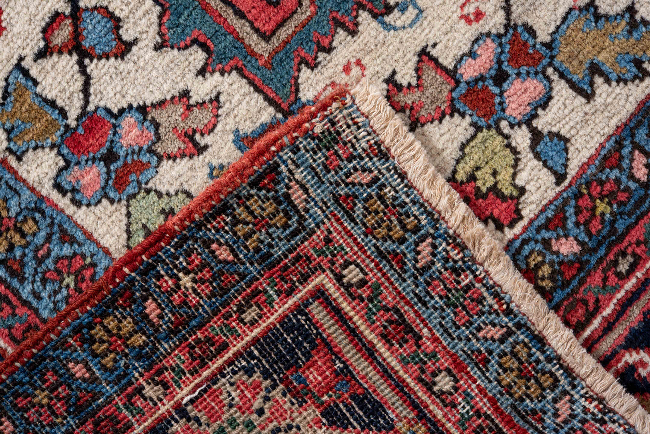 8' x 11' one-of-a-kind handmade vintage Heriz large size rug. Color palette: red, navy, ivory, sky blue, rose, coral