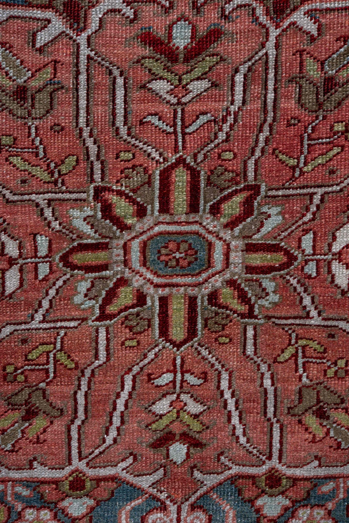 8' x 12' one-of-a-kind handmade vintage Heriz large size rug. Color palette: rust, powder blue, ivory, rose, navy, sage