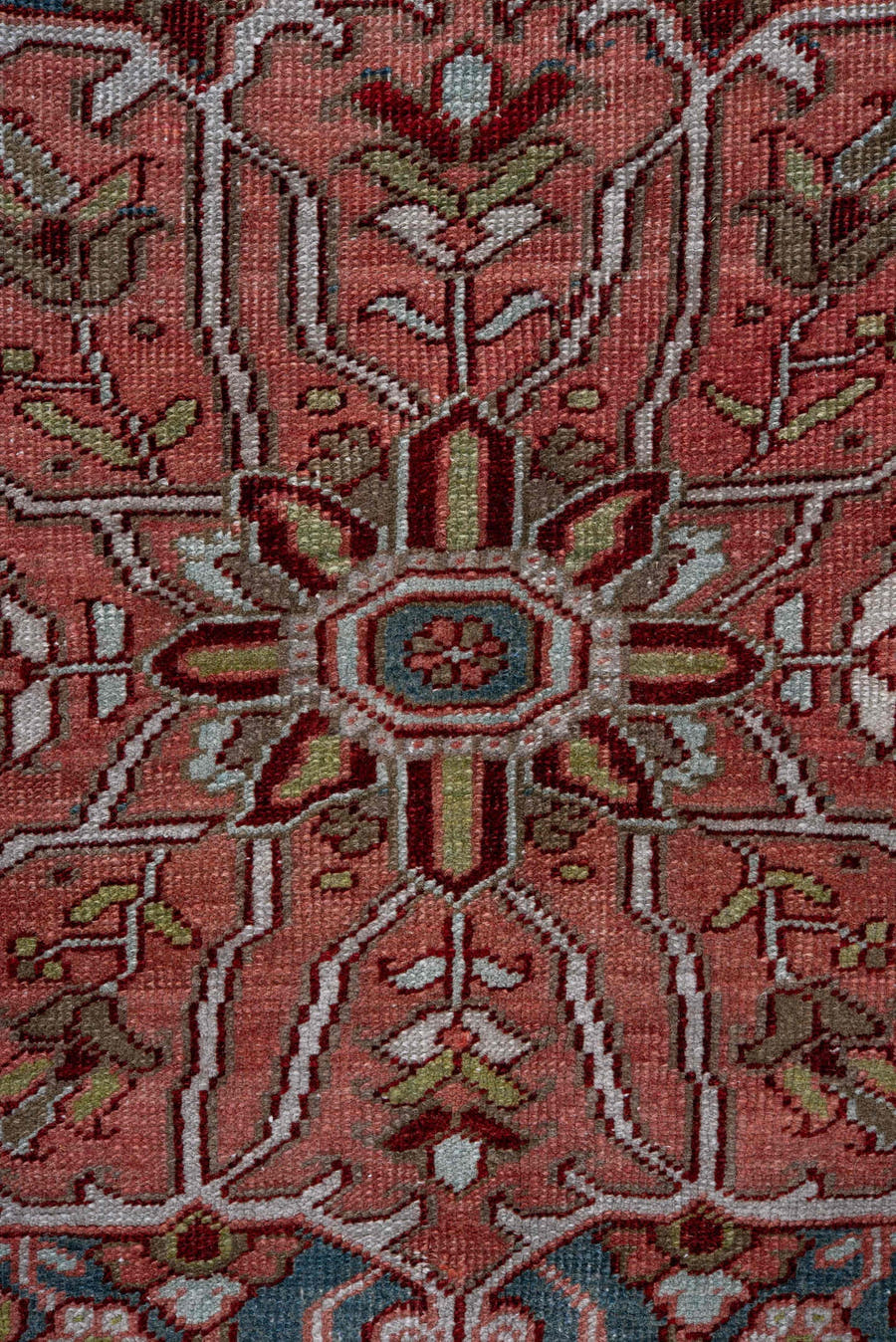 8' x 12' one-of-a-kind handmade vintage Heriz large size rug. Color palette: rust, powder blue, ivory, rose, navy, sage