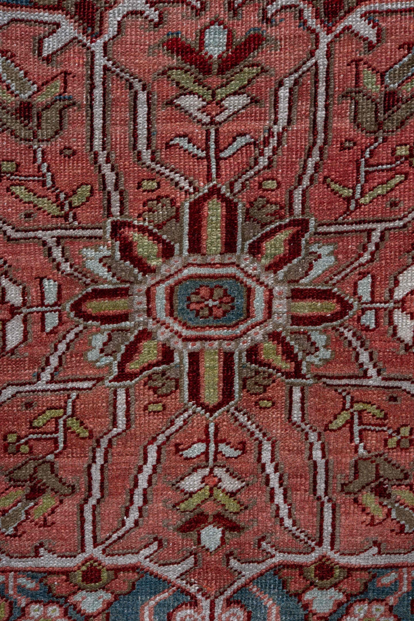 8' x 12' one-of-a-kind handmade vintage Heriz large size rug. Color palette: rust, powder blue, ivory, rose, navy, sage