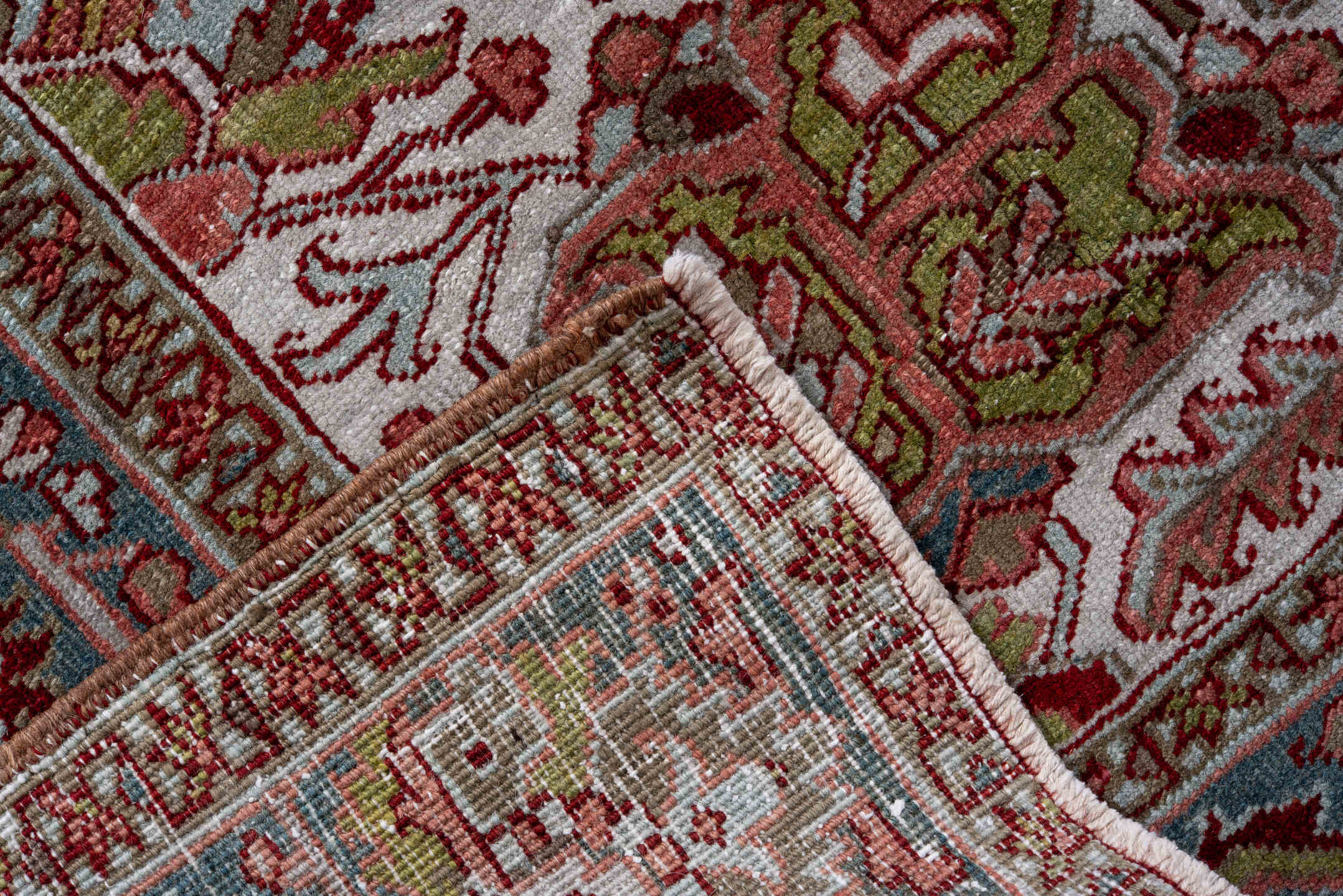 8' x 12' one-of-a-kind handmade vintage Heriz large size rug. Color palette: rust, powder blue, ivory, rose, navy, sage
