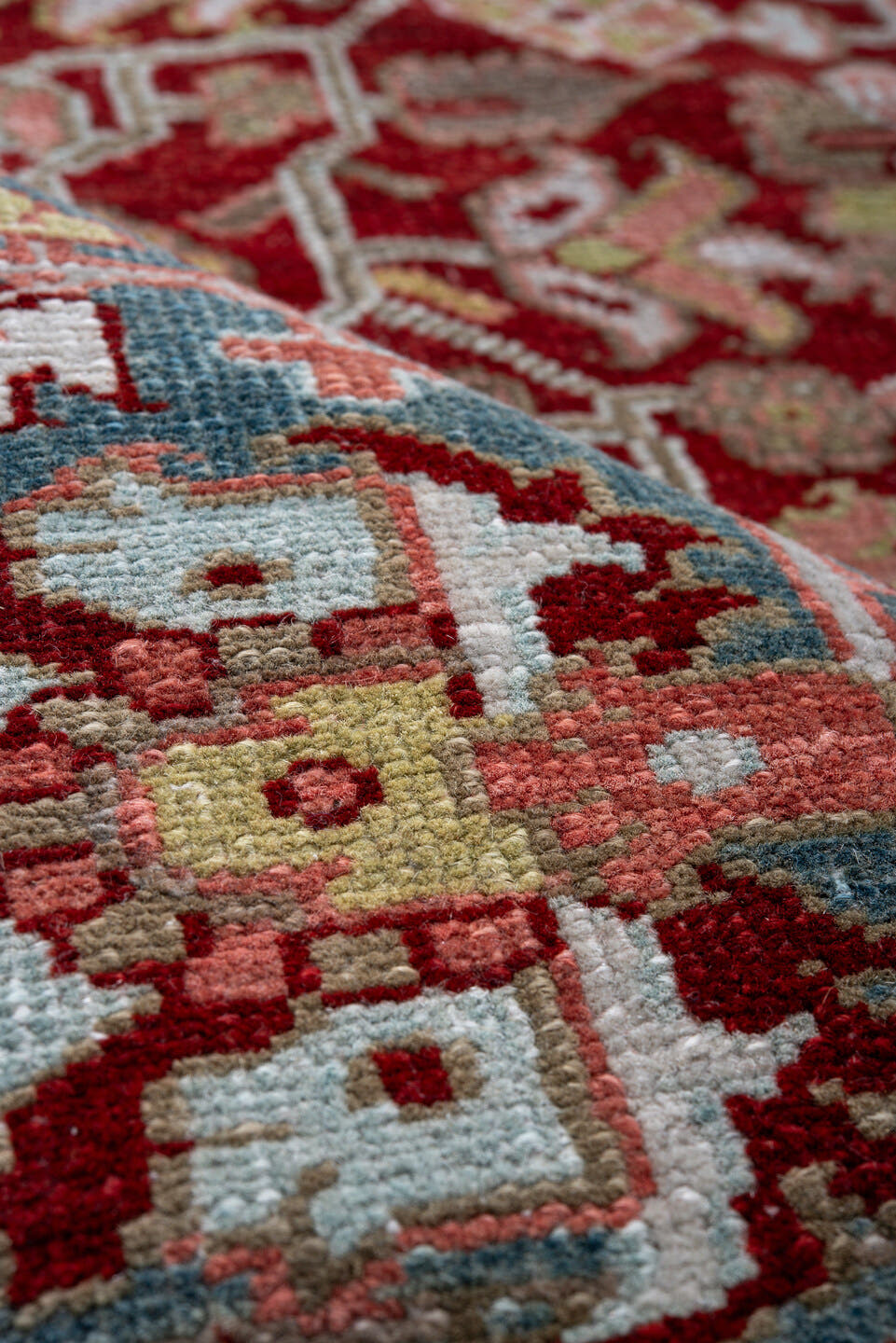 8' x 12' one-of-a-kind handmade vintage Heriz large size rug. Color palette: rust, powder blue, ivory, rose, navy, sage