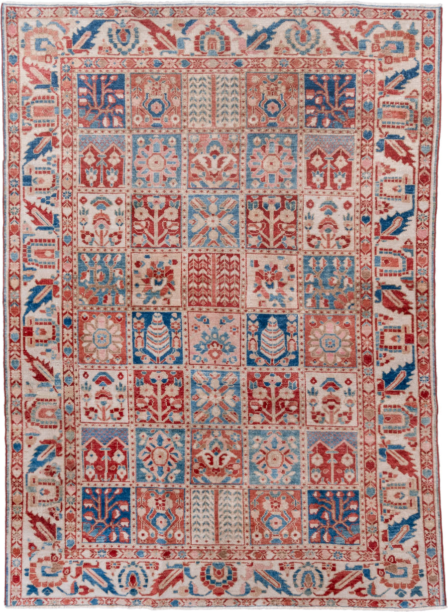 7' x 9' one-of-a-kind handmade vintage Baktiary rug. Color palette: ivory, coral, brick red, sky blue, dusty rose