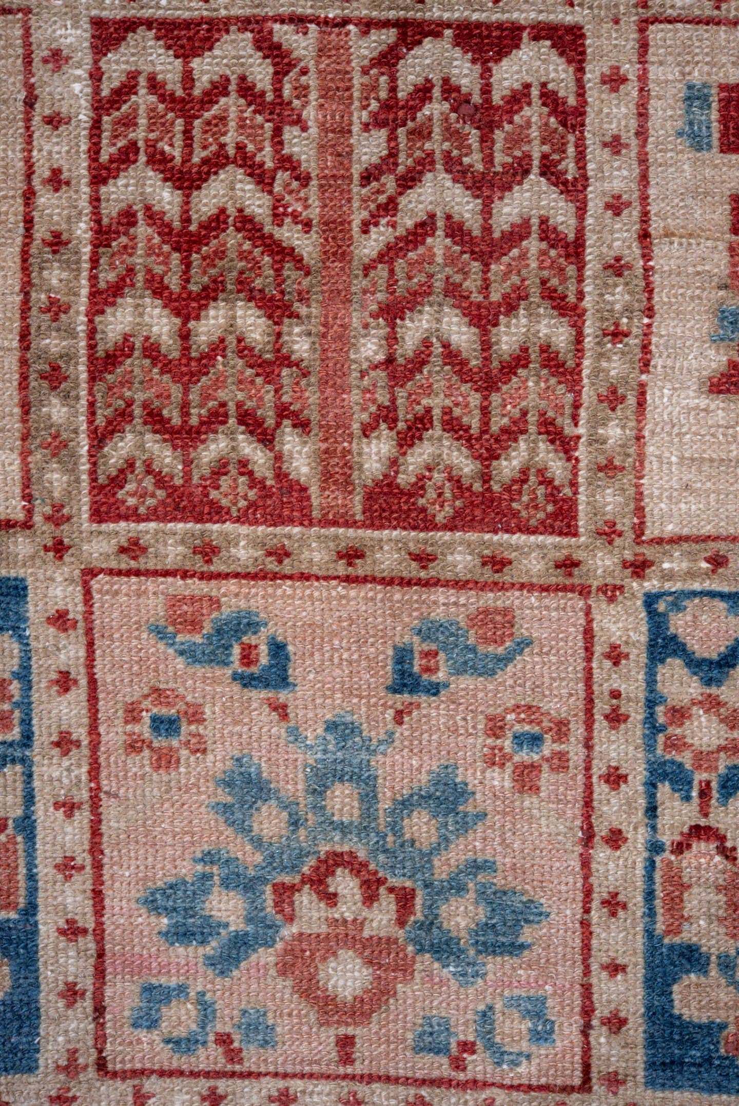 7' x 9' one-of-a-kind handmade vintage Baktiary rug. Color palette: ivory, coral, brick red, sky blue, dusty rose