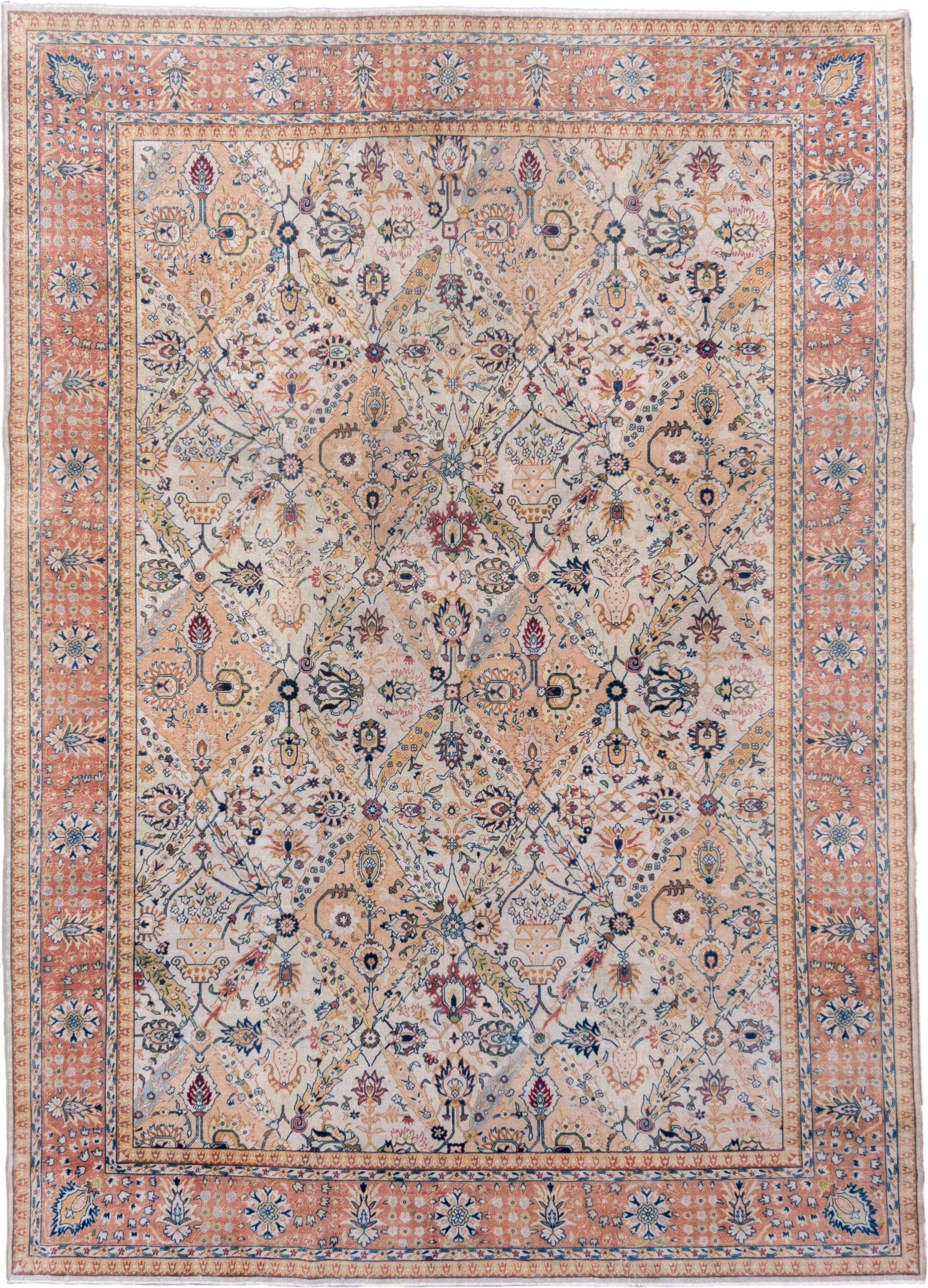 4' x 9' one-of-a-kind handmade vintage Tabriz runner rug. Color palette: ivory, salmon, blue, gold, rose, taupe, navy, pink