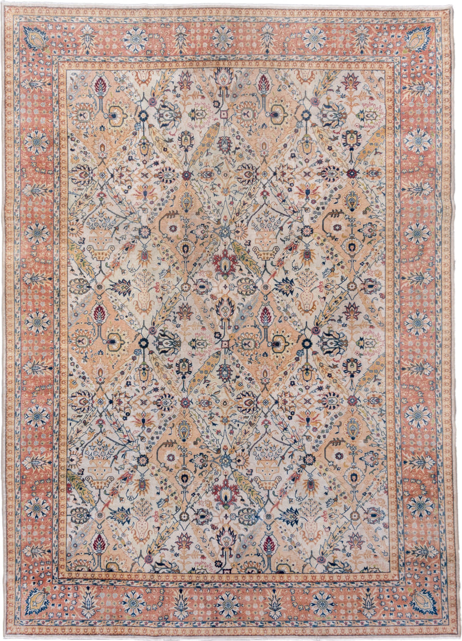 4' x 9' one-of-a-kind handmade vintage Tabriz runner rug. Color palette: ivory, salmon, blue, gold, rose, taupe, navy, pink