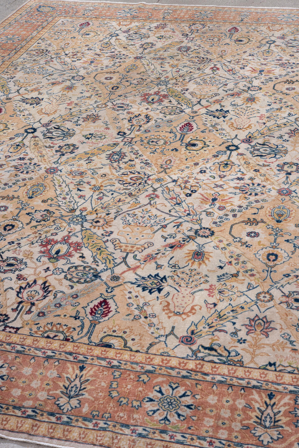 4' x 9' one-of-a-kind handmade vintage Tabriz runner rug. Color palette: ivory, salmon, blue, gold, rose, taupe, navy, pink