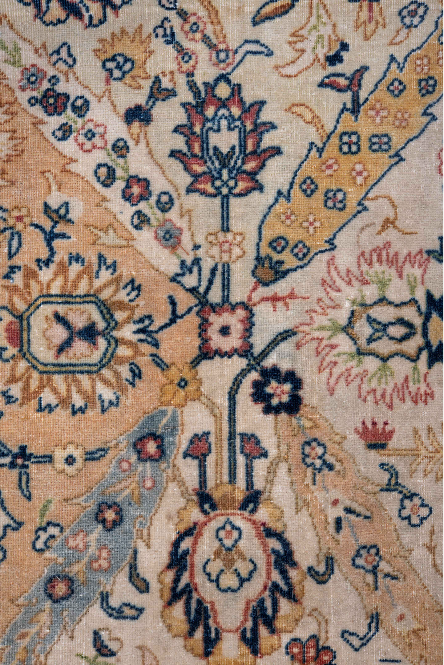 4' x 9' one-of-a-kind handmade vintage Tabriz runner rug. Color palette: ivory, salmon, blue, gold, rose, taupe, navy, pink