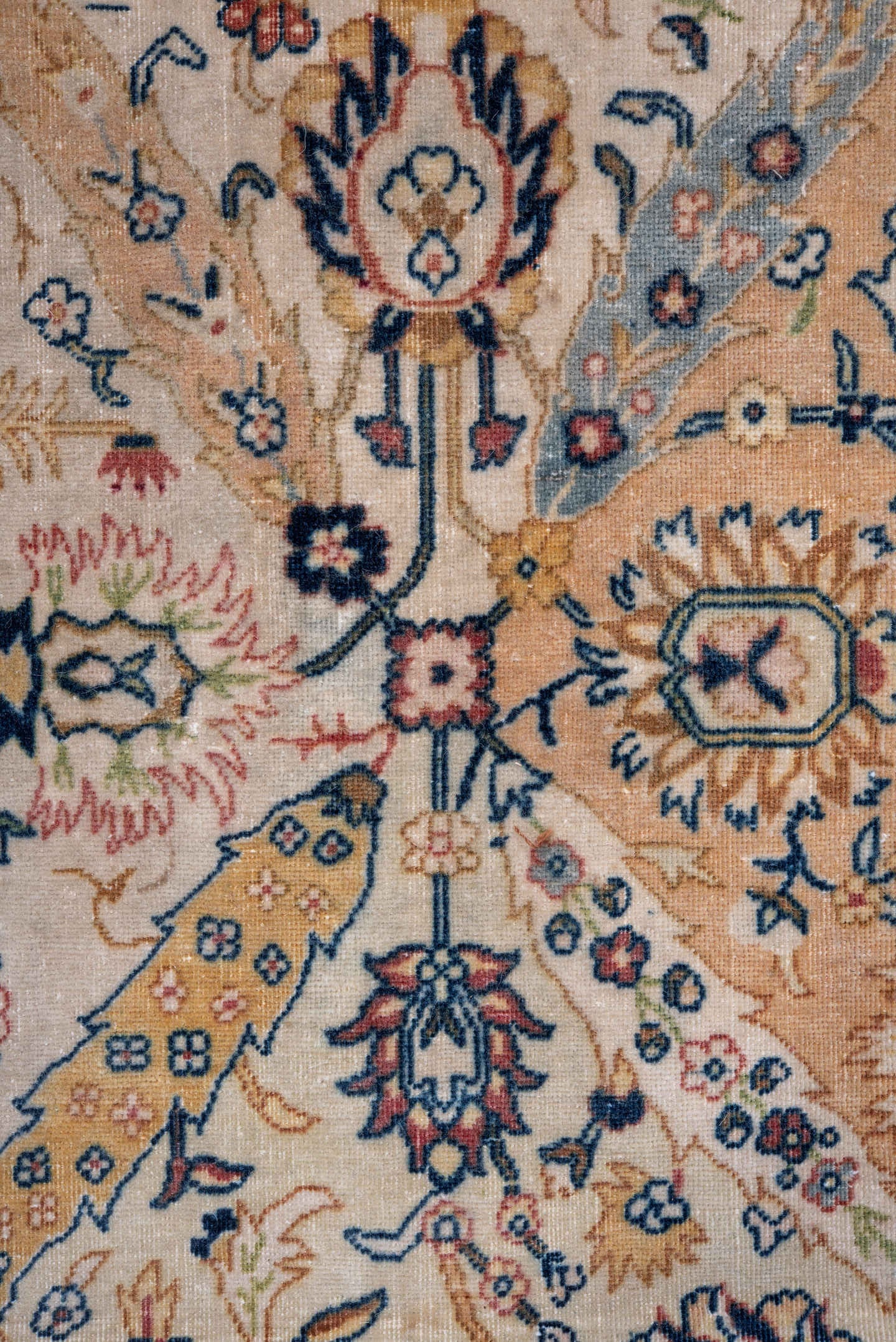 4' x 9' one-of-a-kind handmade vintage Tabriz runner rug. Color palette: ivory, salmon, blue, gold, rose, taupe, navy, pink