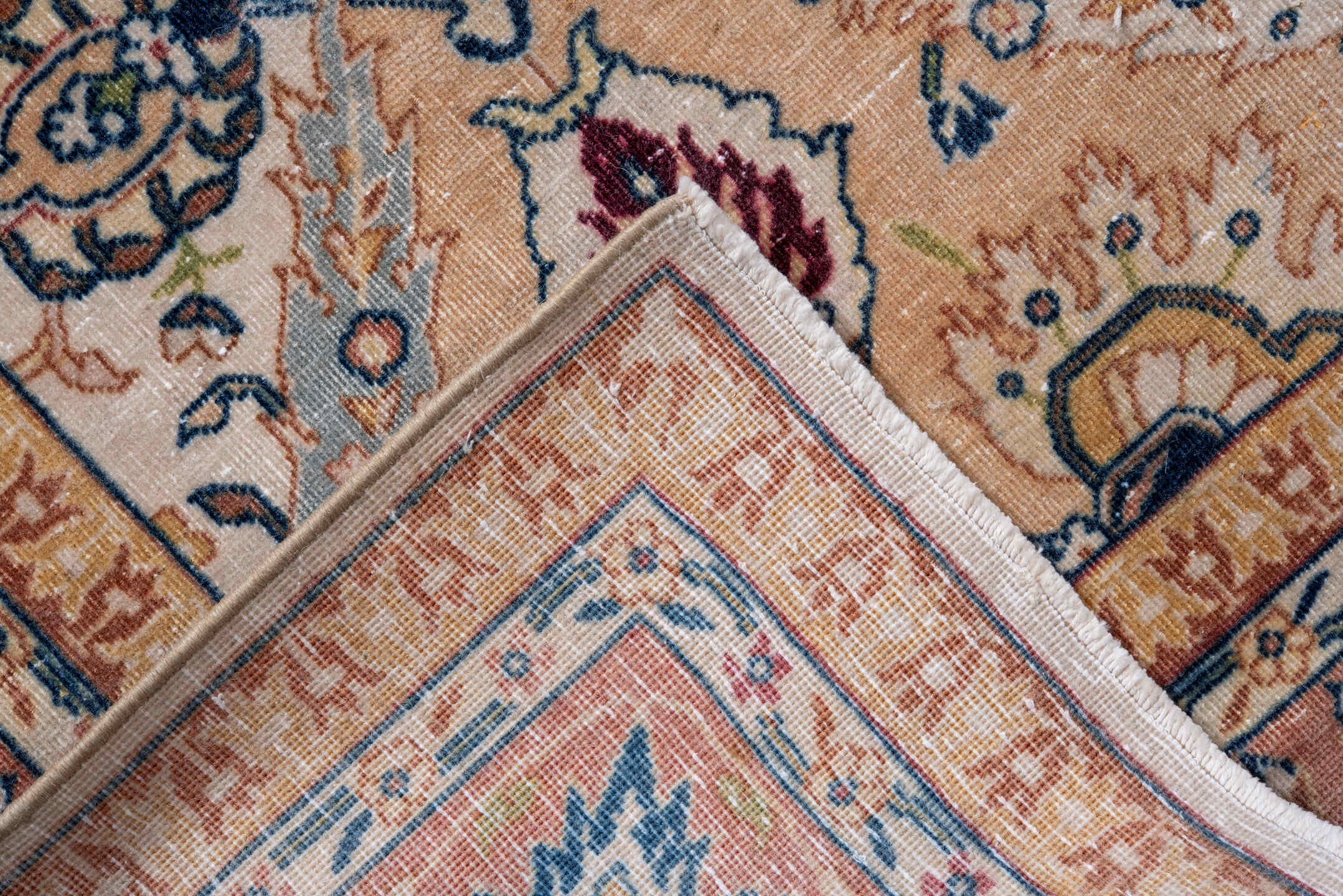 4' x 9' one-of-a-kind handmade vintage Tabriz runner rug. Color palette: ivory, salmon, blue, gold, rose, taupe, navy, pink