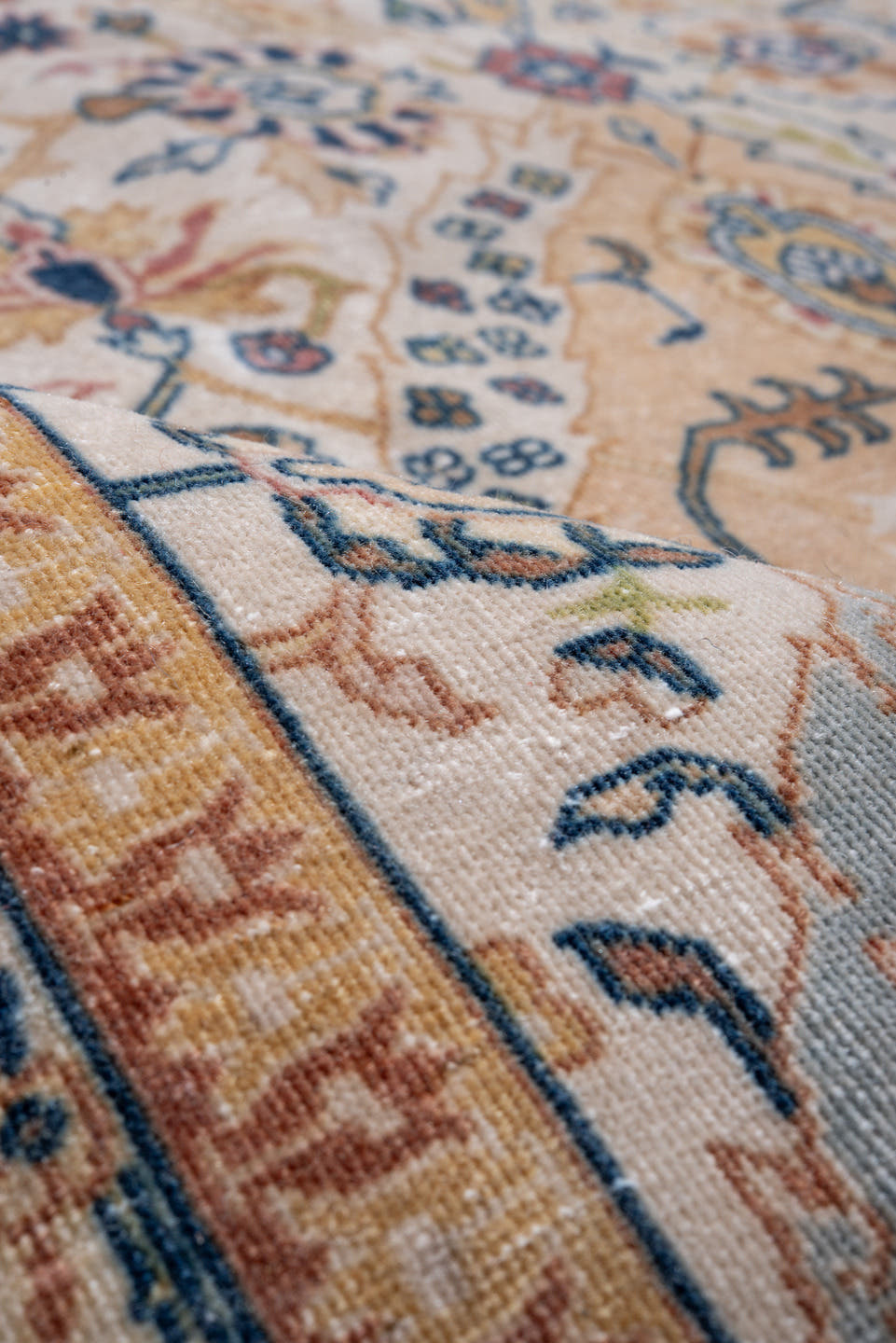 4' x 9' one-of-a-kind handmade vintage Tabriz runner rug. Color palette: ivory, salmon, blue, gold, rose, taupe, navy, pink