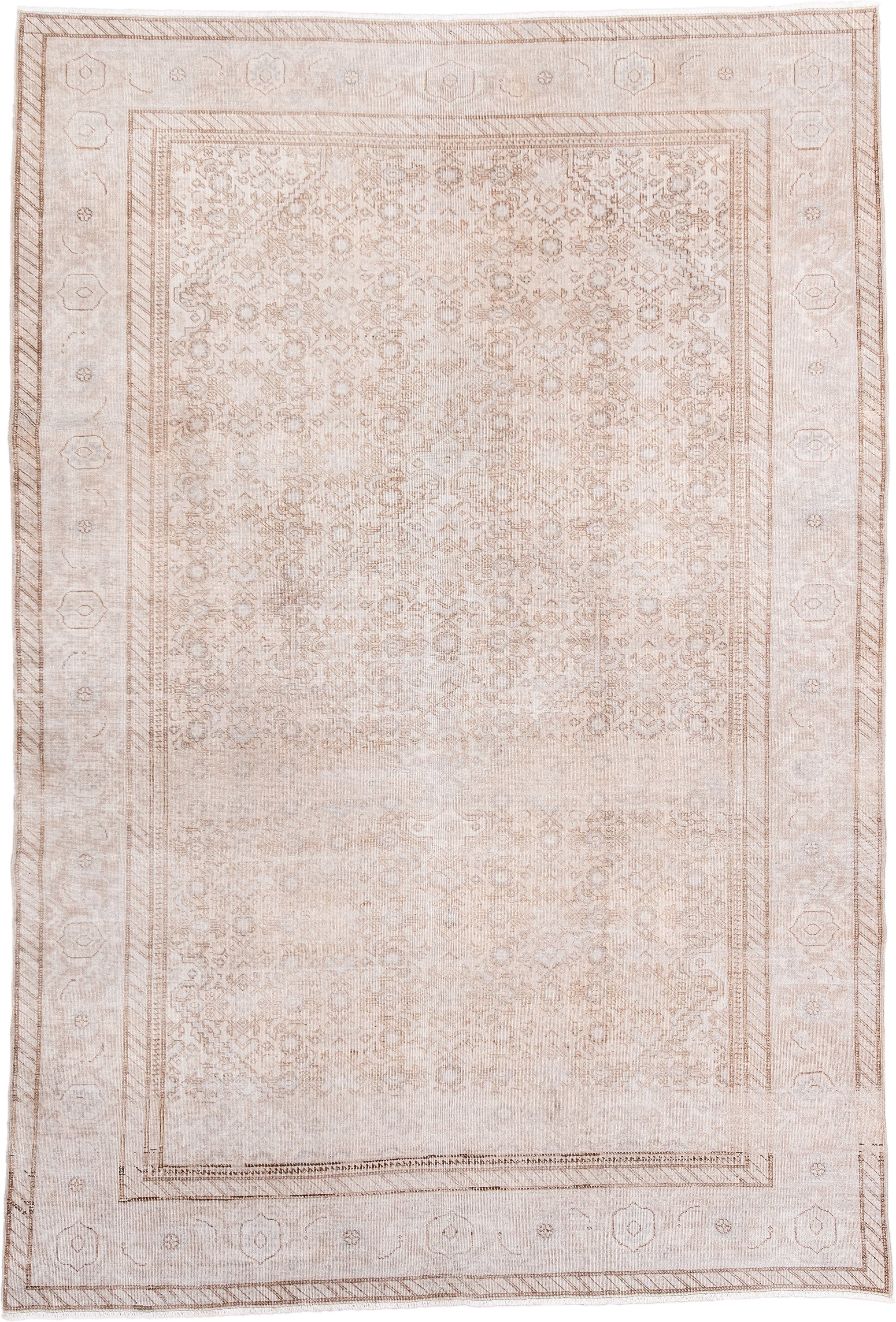 6' x 8' one-of-a-kind handmade antique Tabriz medium size rug. Color palette: ivory, beige, taupe, camel, cream, gray